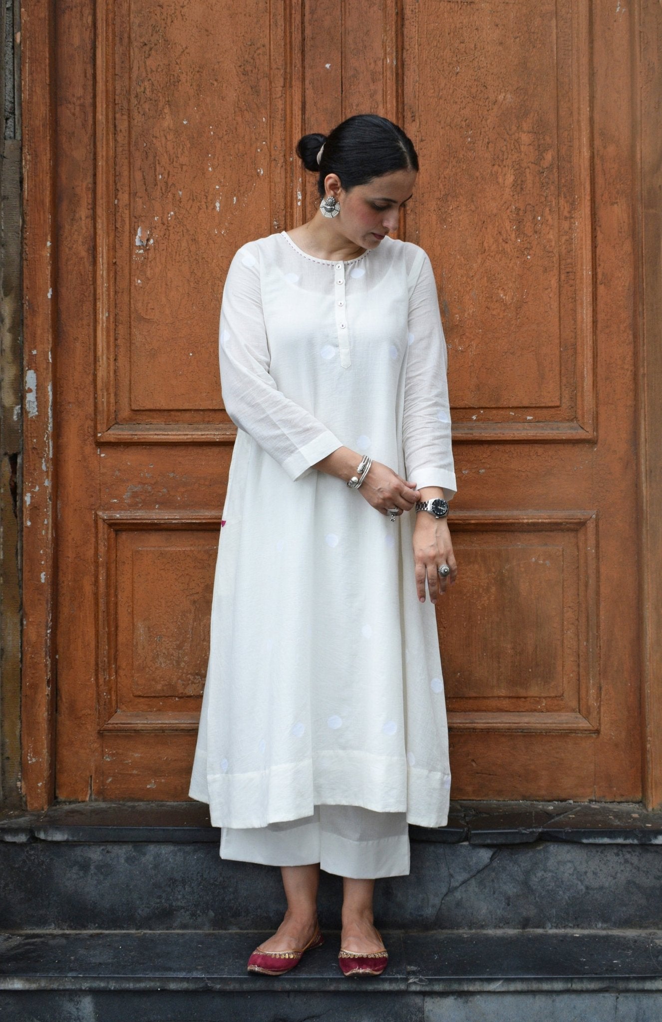 Off White Jamdani Polka Dot Kurta with Off White Pyjama - CiceroniKurta Set, Everyday WearHouse of Moxa