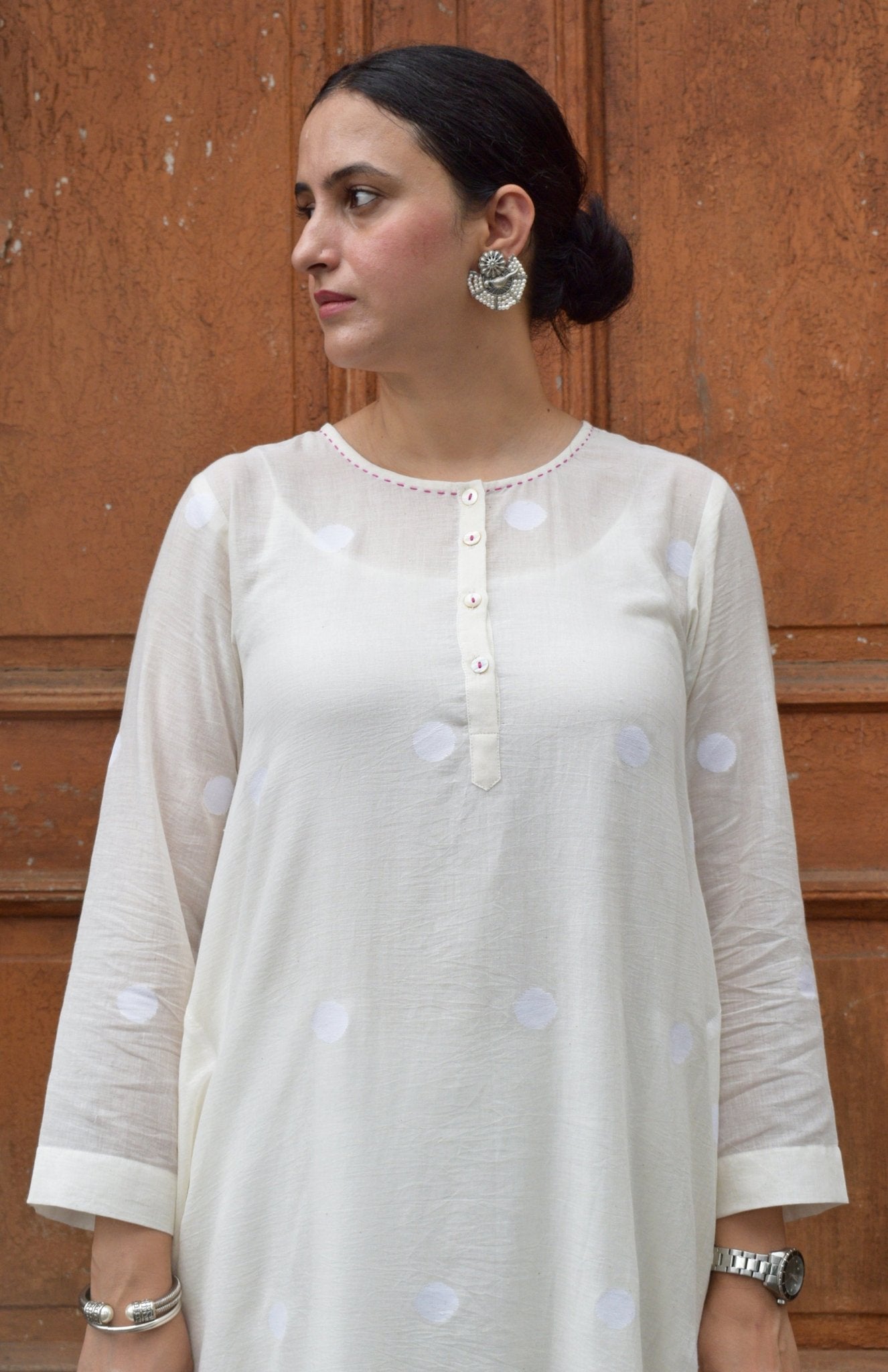 Off White Jamdani Polka Dot Kurta with Off White Pyjama - CiceroniKurta Set, Everyday WearHouse of Moxa