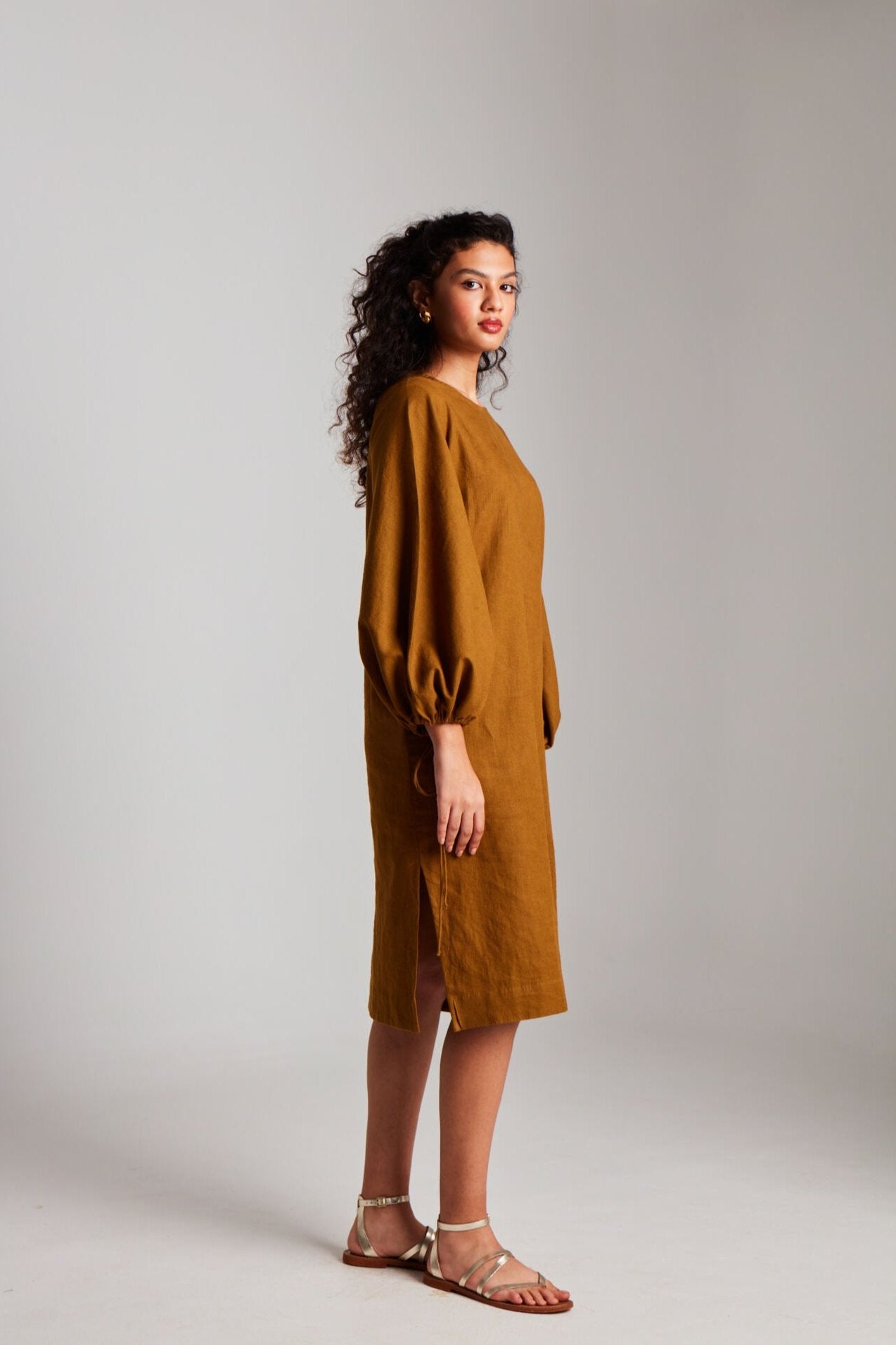 Olive Co - Linen Balloon Sleeves Dress - CiceroniDressesSaphed