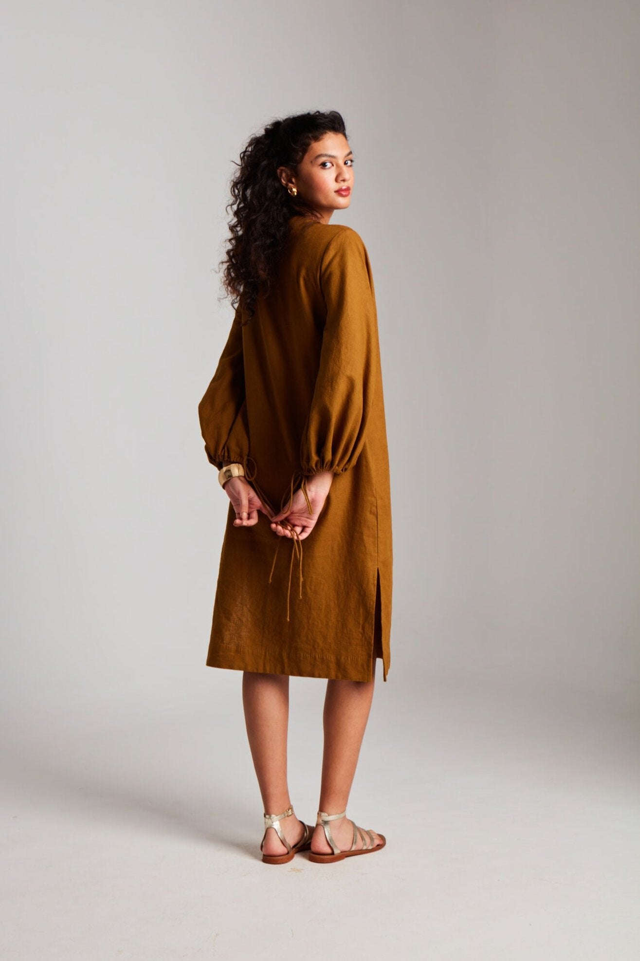 Olive Co - Linen Balloon Sleeves Dress - CiceroniDressesSaphed