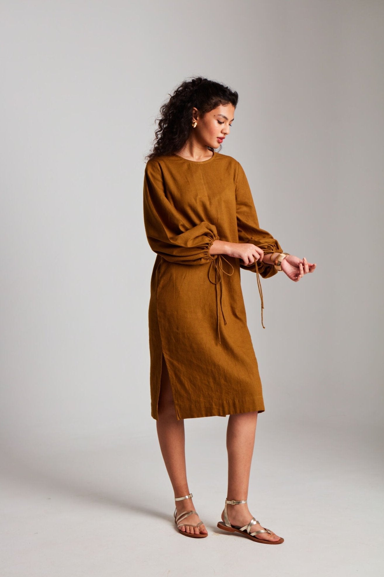 Olive Co - Linen Balloon Sleeves Dress - CiceroniDressesSaphed