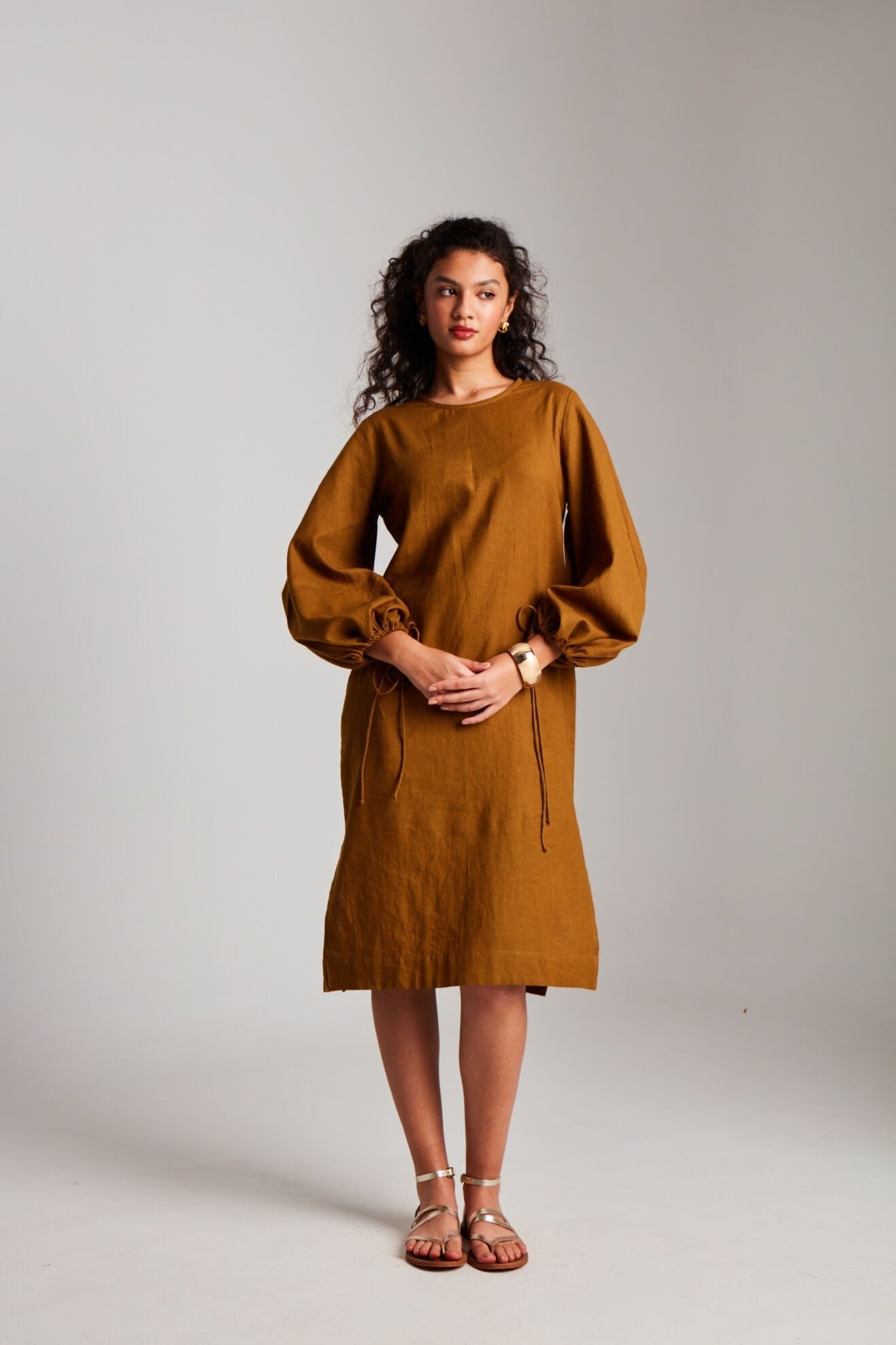 Olive Co - Linen Balloon Sleeves Dress - CiceroniDressesSaphed