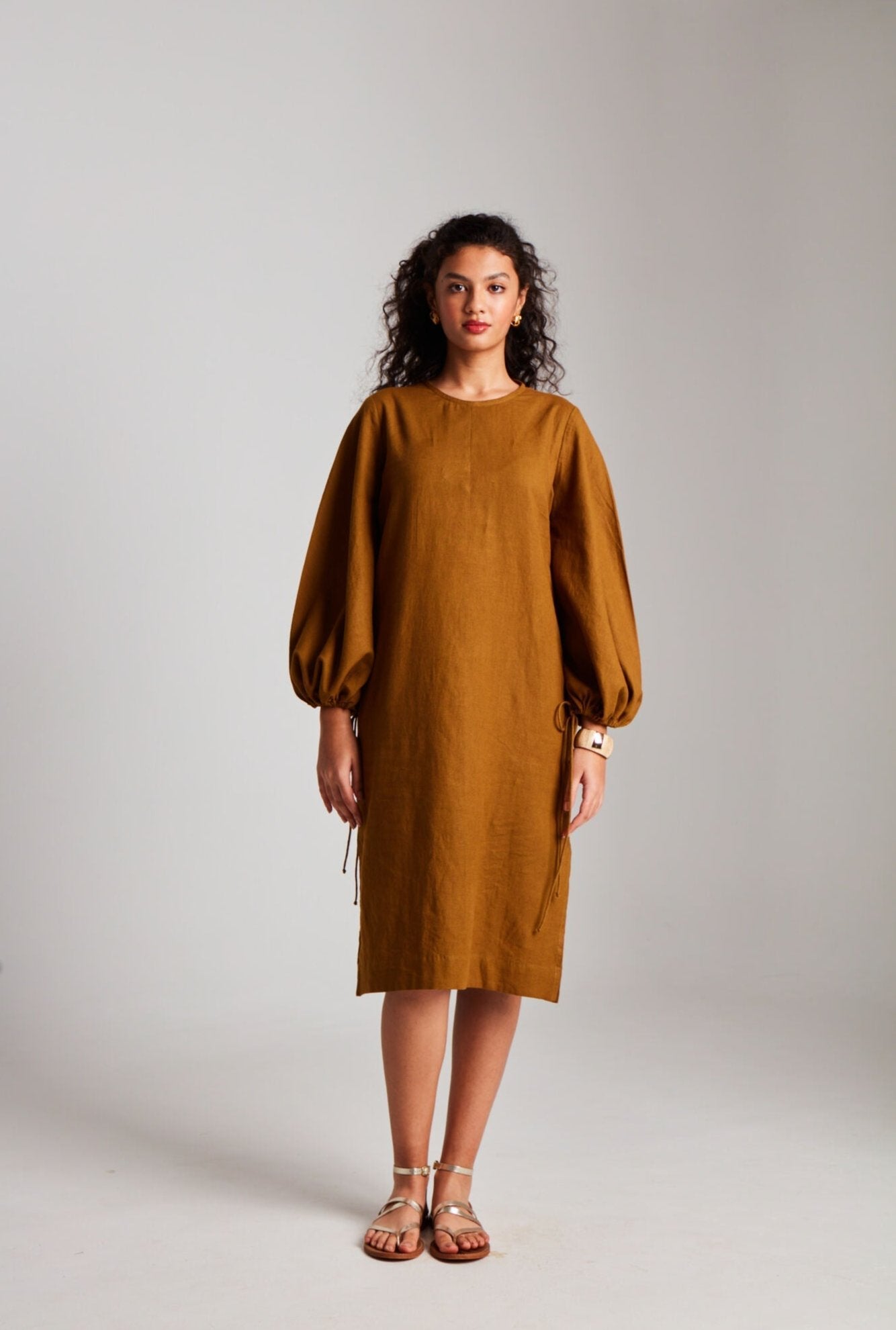 Buy Olive Co-Linen Balloon Sleeves Dress Online Ciceroni