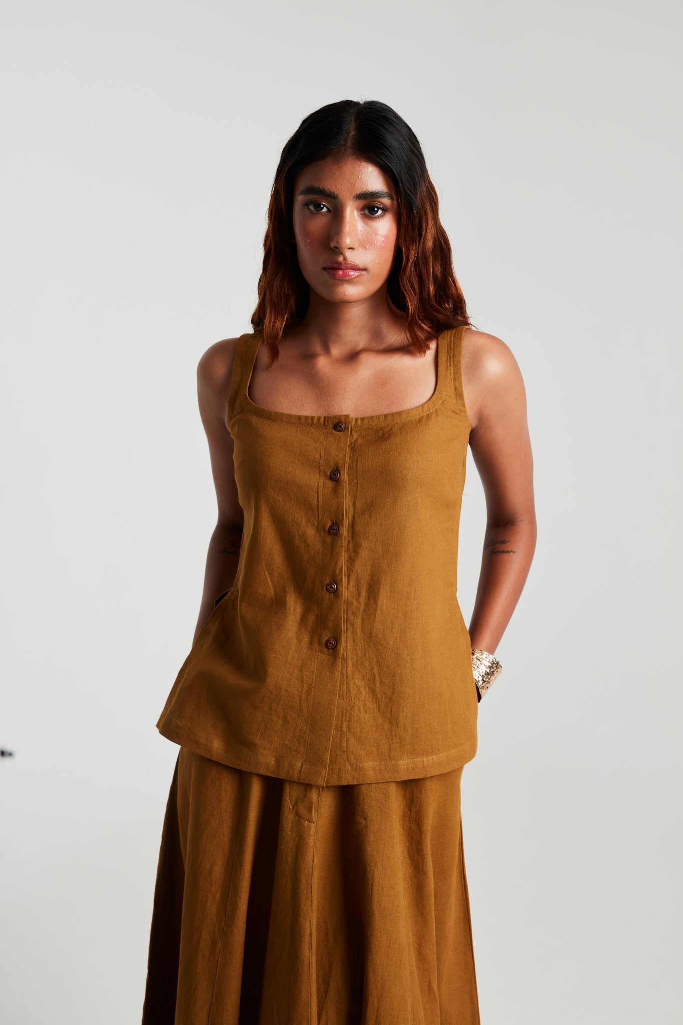 Olive Co - Linen Side Slit Top & Skirt Set - CiceroniSkirt SetSaphed