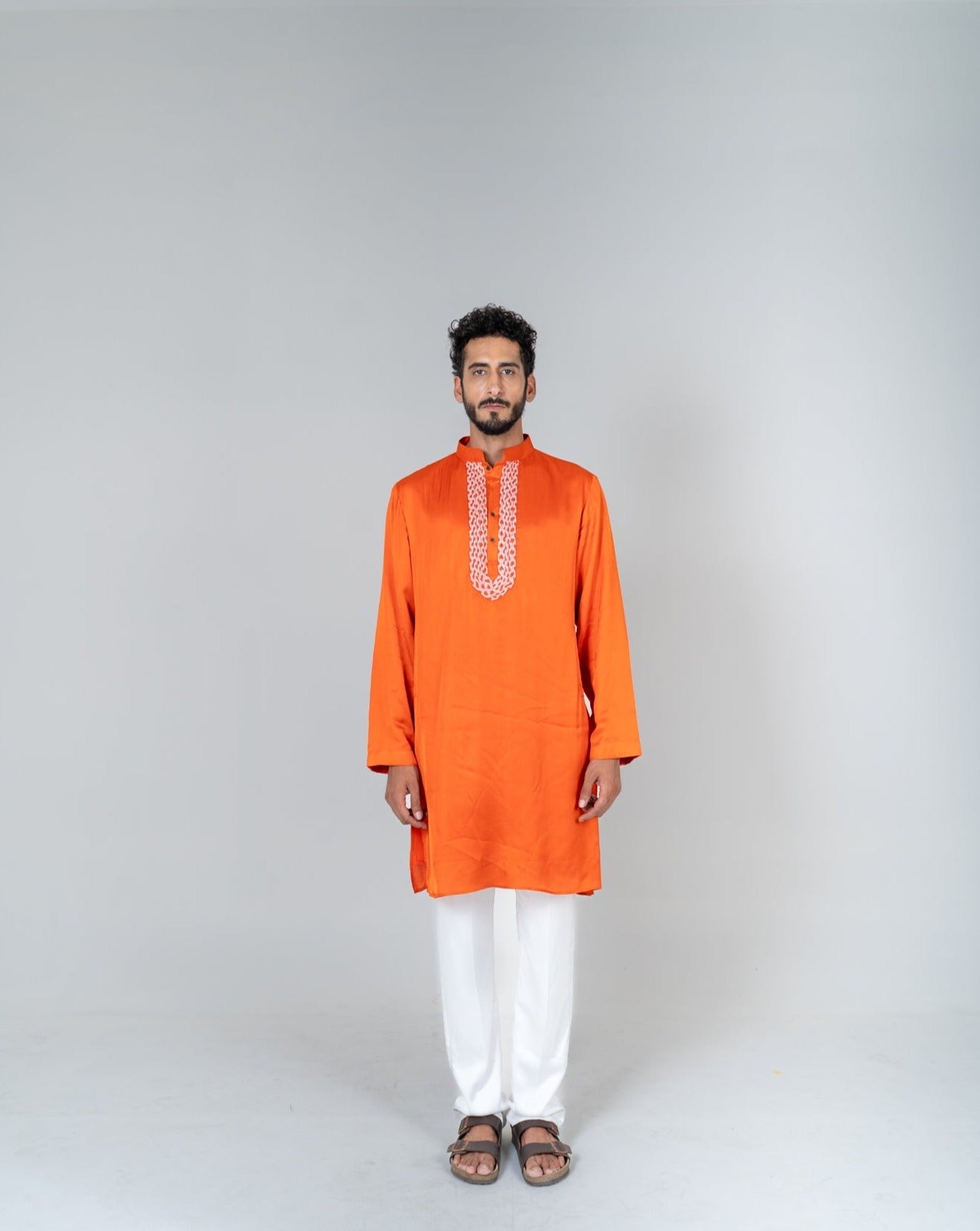 Orange - Pink Braid Kurta Set - CiceroniKurta Set, Festive WearNeora