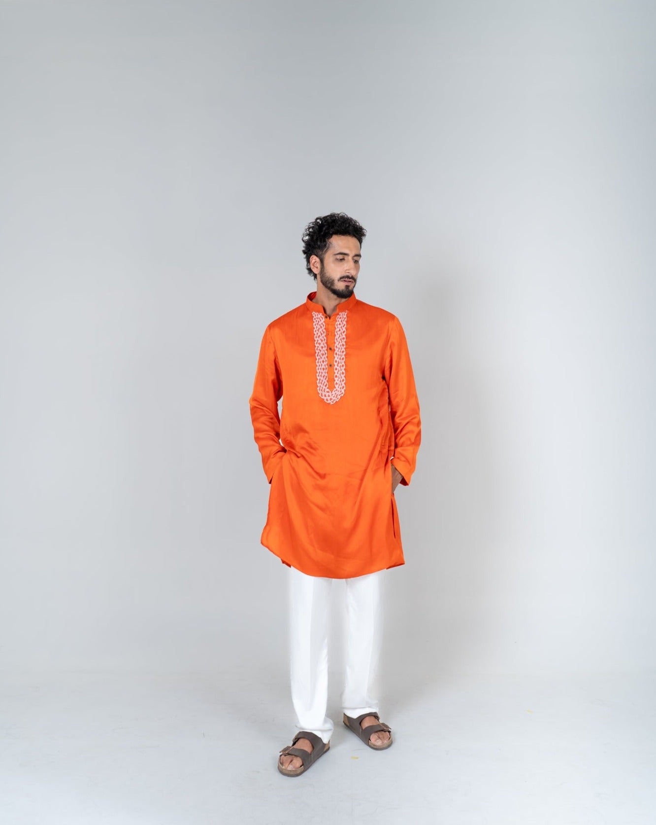 Orange - Pink Braid Kurta Set - CiceroniKurta Set, Festive WearNeora