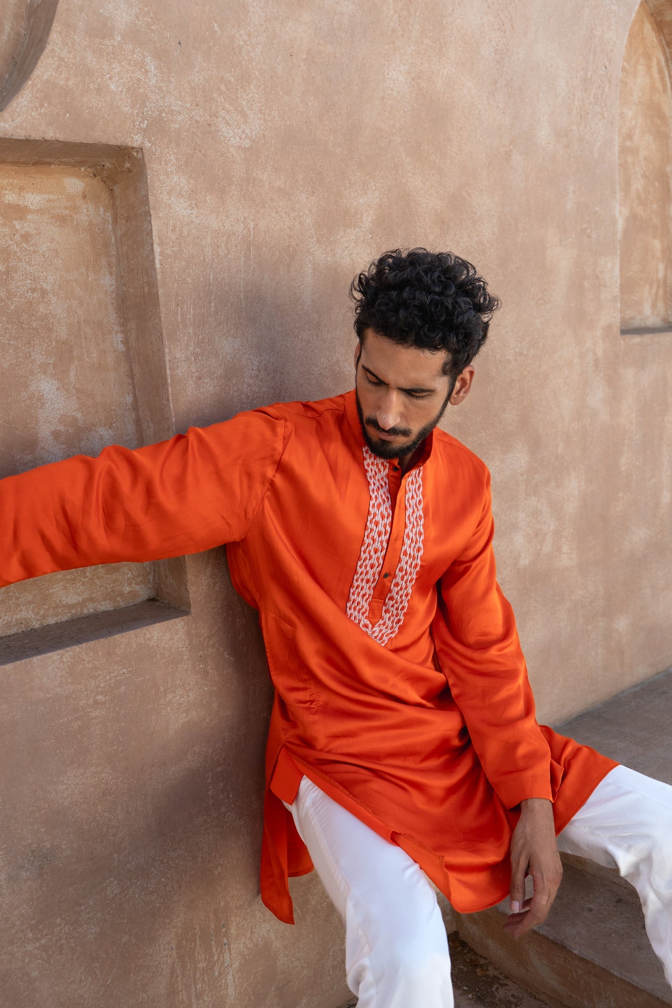 Orange - Pink Braid Kurta Set - CiceroniKurta Set, Festive WearNeora