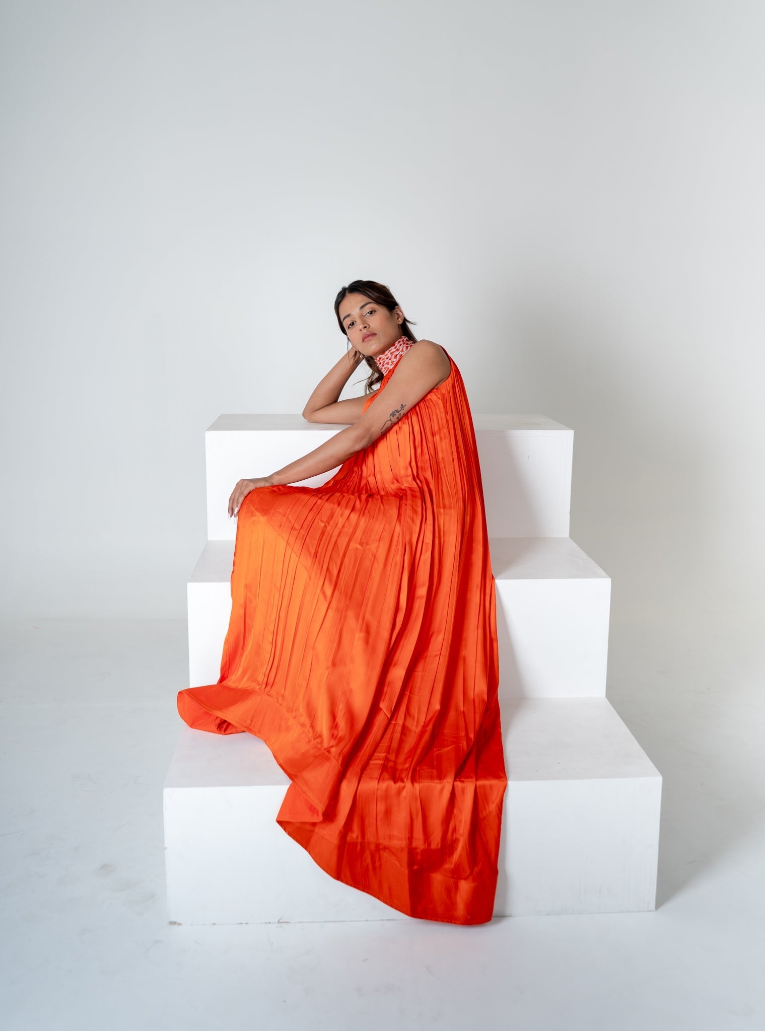 Orange - Pink Braided Halter Neck Gather Gown - CiceroniDressesNeora