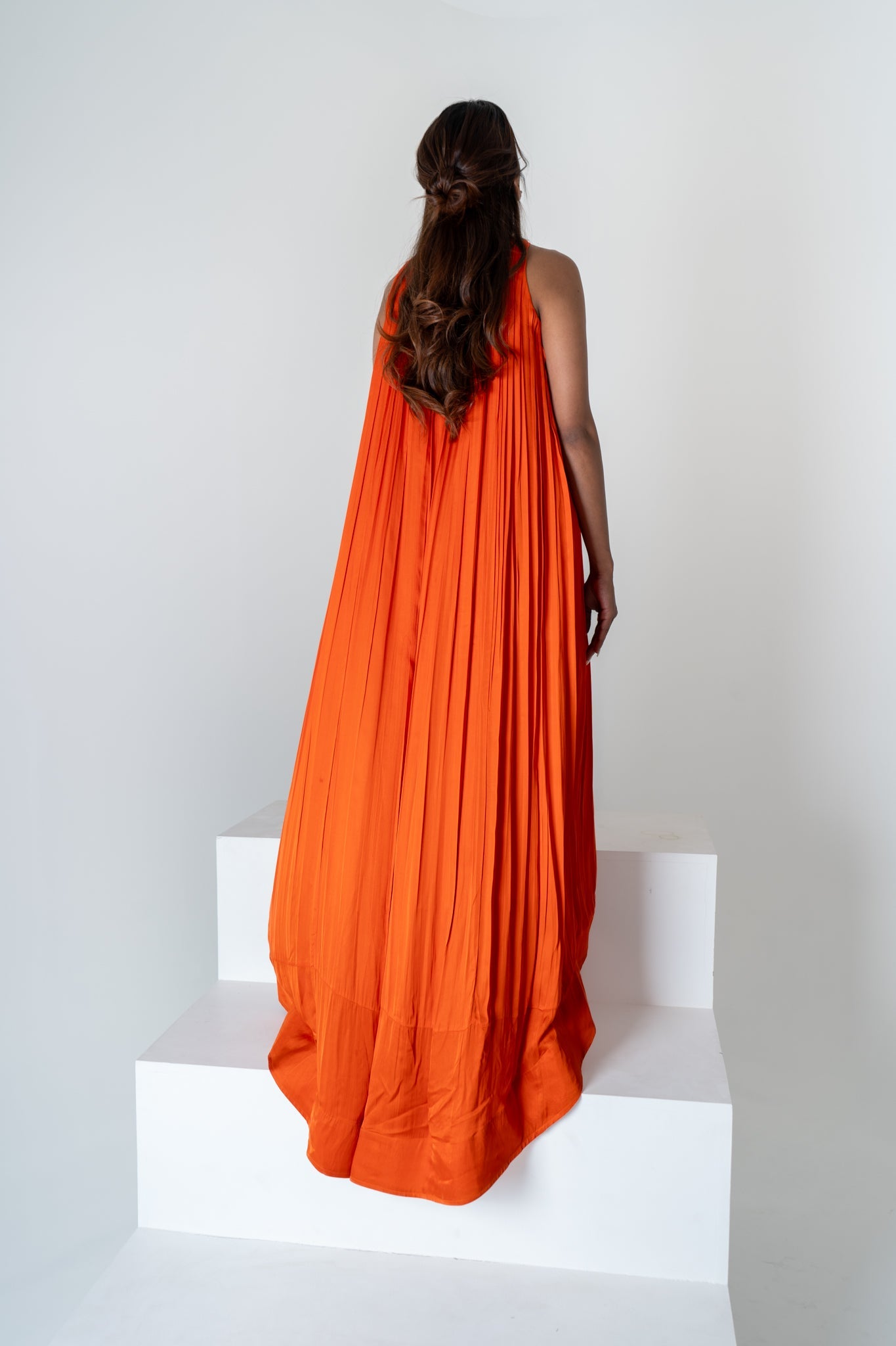 Orange - Pink Braided Halter Neck Gather Gown - CiceroniDressesNeora