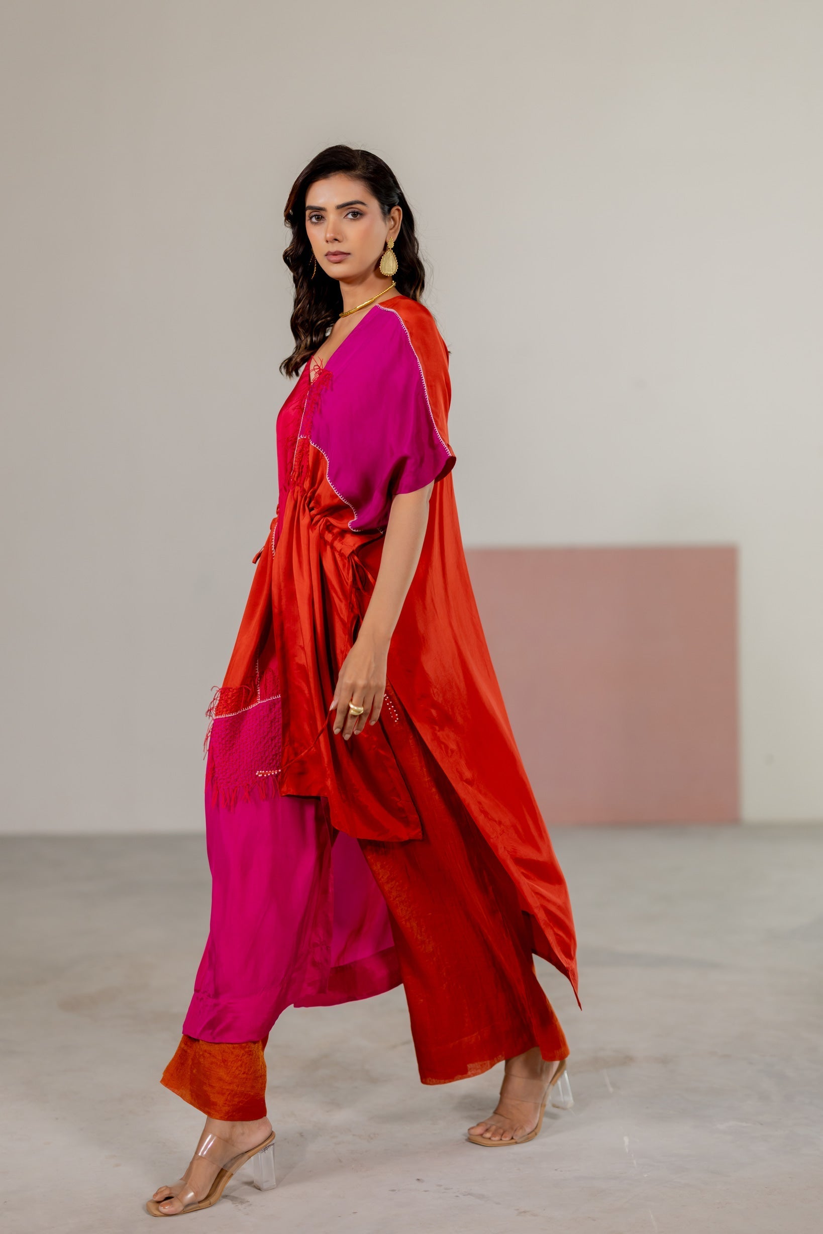Orange, Pink Color Block Kaftan Set - CiceroniKurta Set, Festive WearTussah