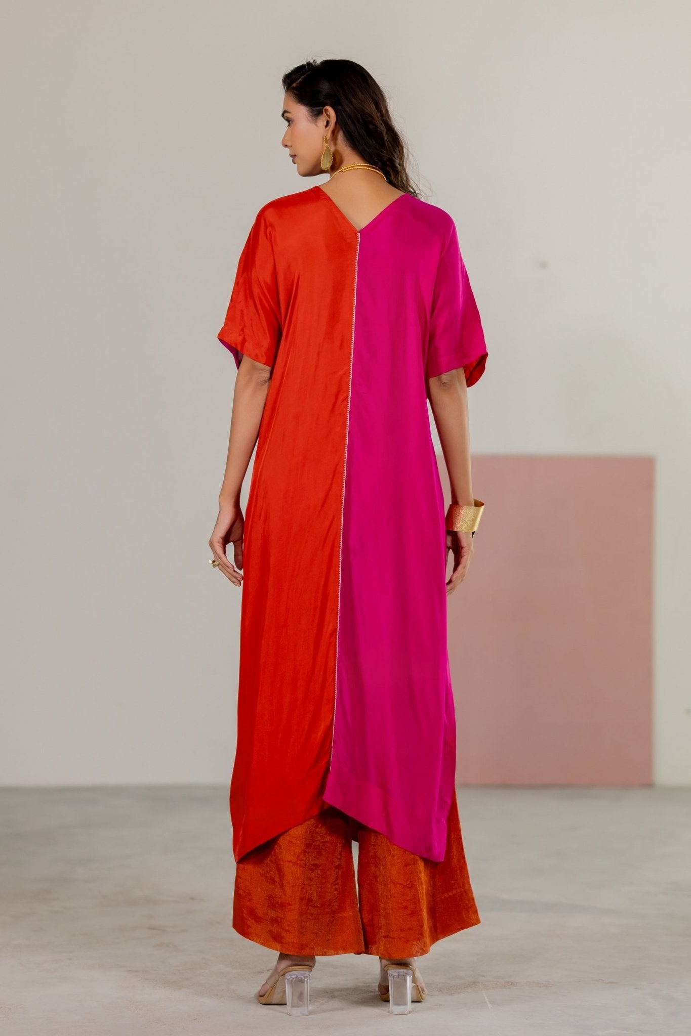 Orange, Pink Color Block Kaftan Set - CiceroniKurta Set, Festive WearTussah
