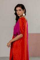 Orange, Pink Color Block Kaftan Set - CiceroniKurta Set, Festive WearTussah