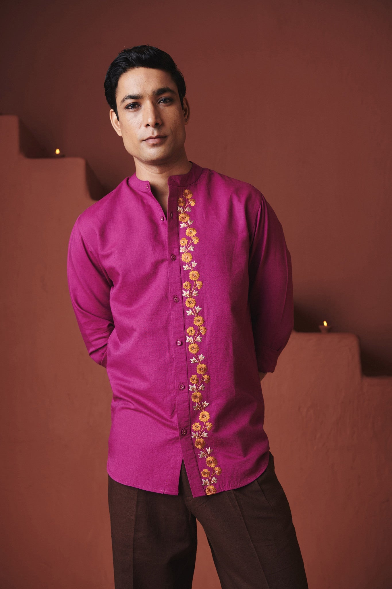 Orchid Co - Linen Men's Band Collar Shirt – Slim Fit - CiceroniMen ShirtsSaphed