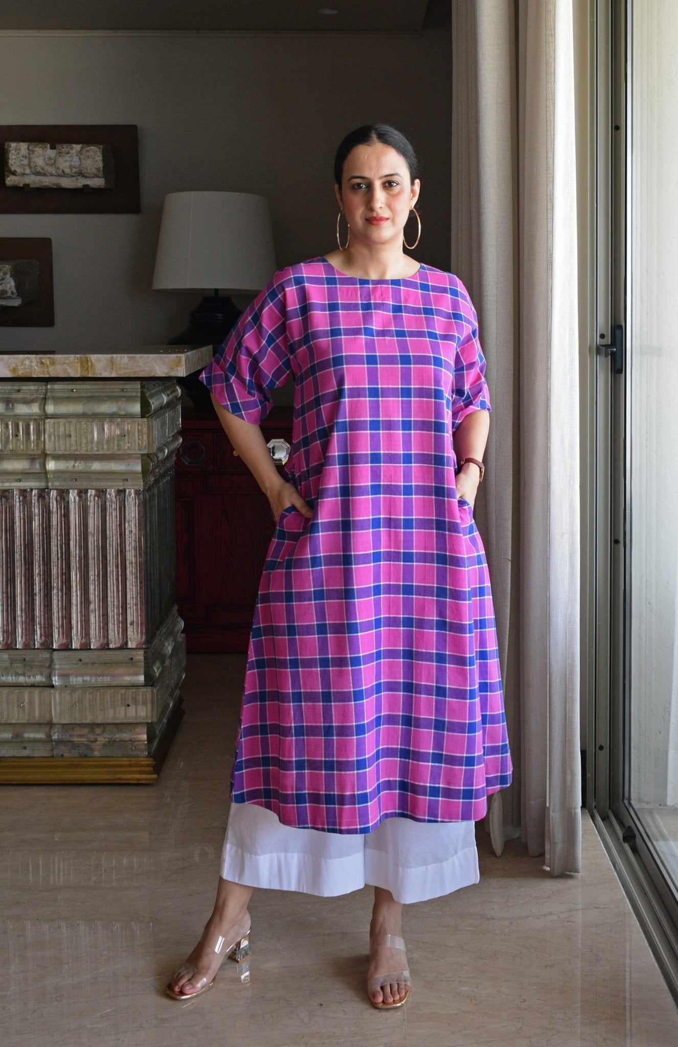 Orchid Pink A - Line Kurta in Handwoven Checks with White Pyjama - CiceroniKurta Set, Everyday WearHouse of Moxa
