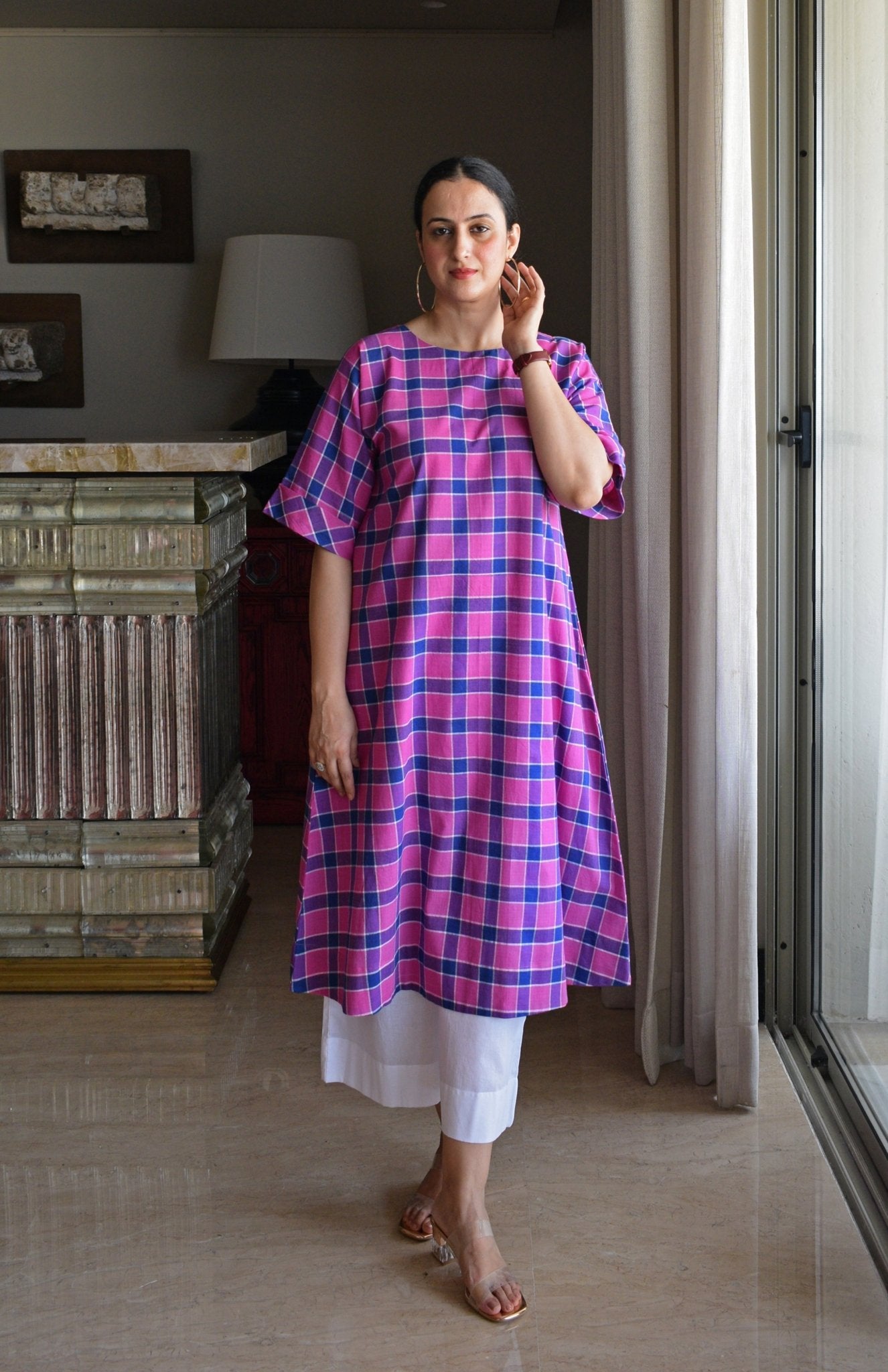 Orchid Pink A - Line Kurta in Handwoven Checks with White Pyjama - CiceroniKurta Set, Everyday WearHouse of Moxa