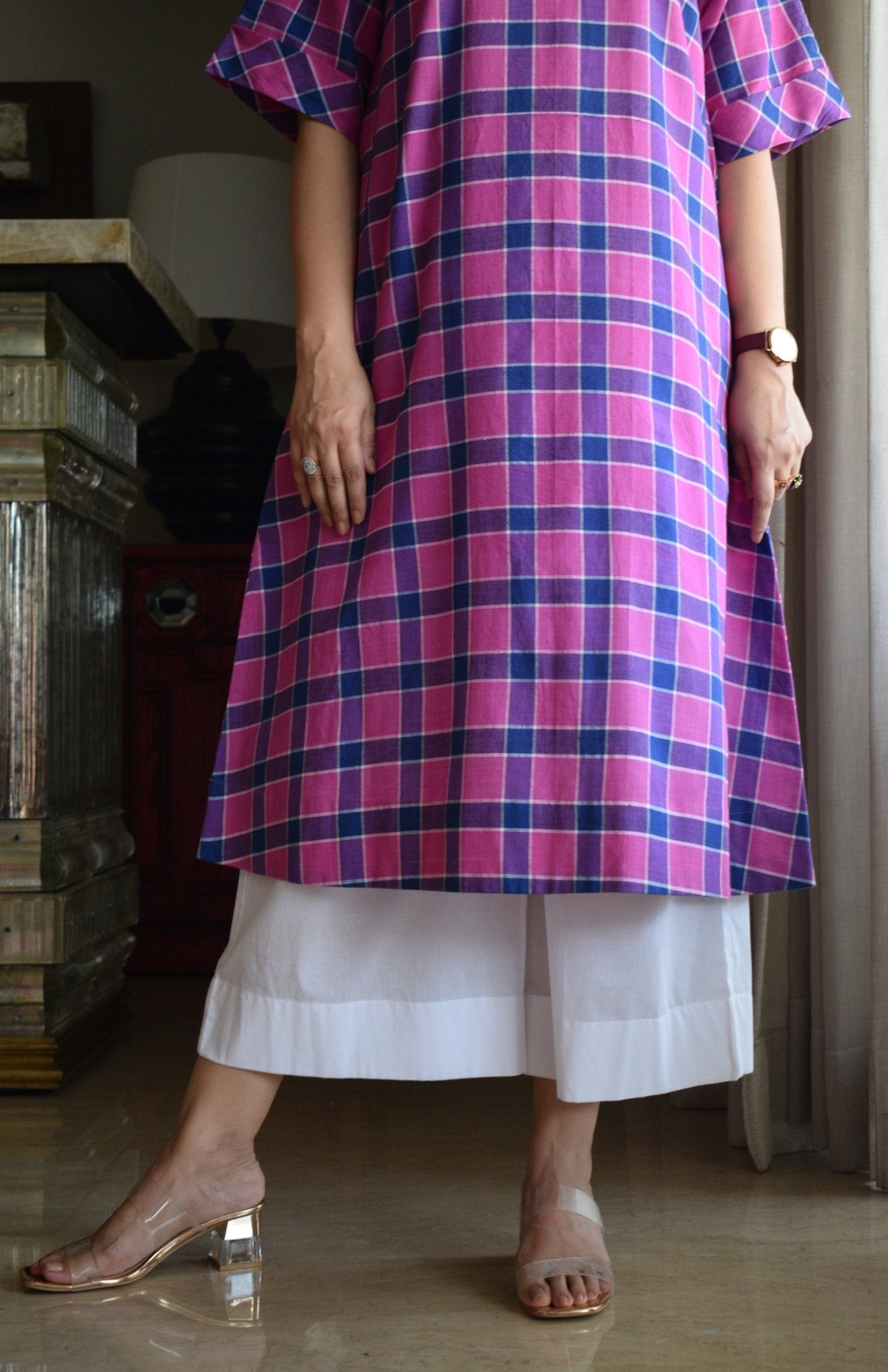 Orchid Pink A - Line Kurta in Handwoven Checks with White Pyjama - CiceroniKurta Set, Everyday WearHouse of Moxa