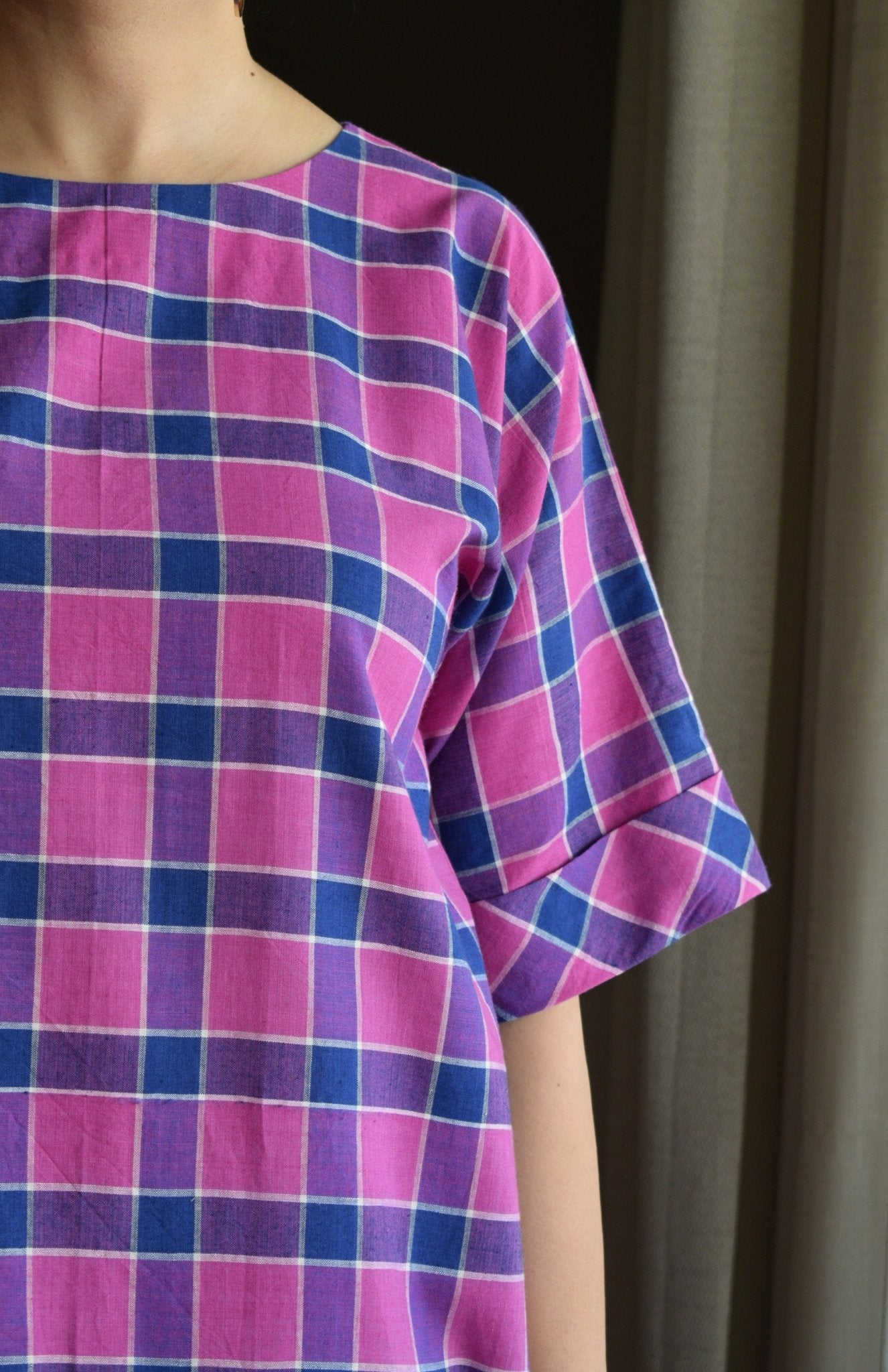 Orchid Pink A - Line Kurta in Handwoven Checks with White Pyjama - CiceroniKurta Set, Everyday WearHouse of Moxa