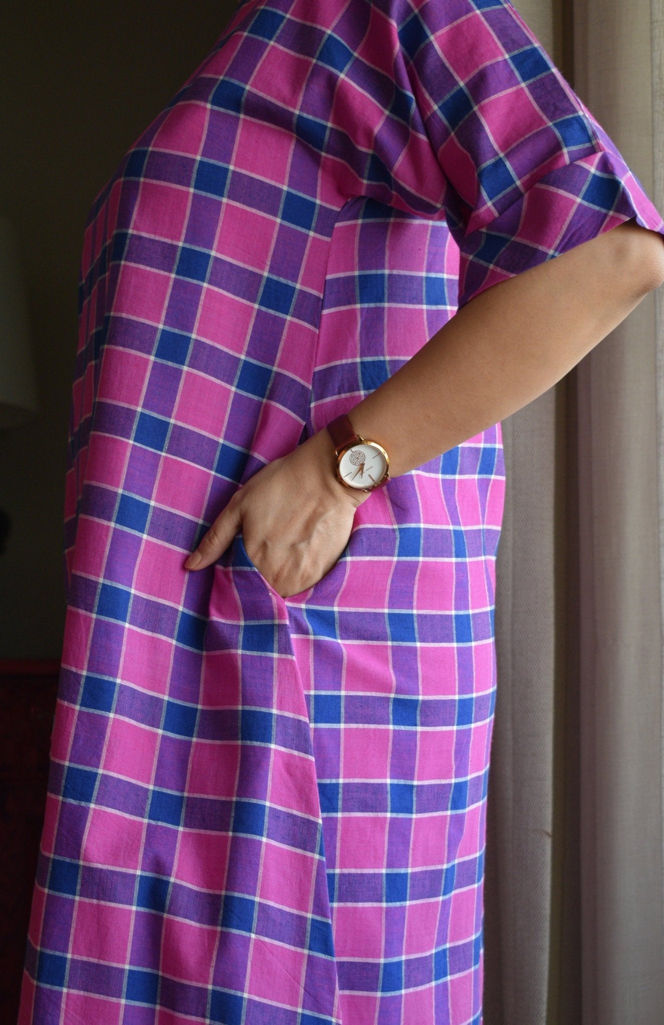 Orchid Pink A - Line Kurta in Handwoven Checks with White Pyjama - CiceroniKurta Set, Everyday WearHouse of Moxa