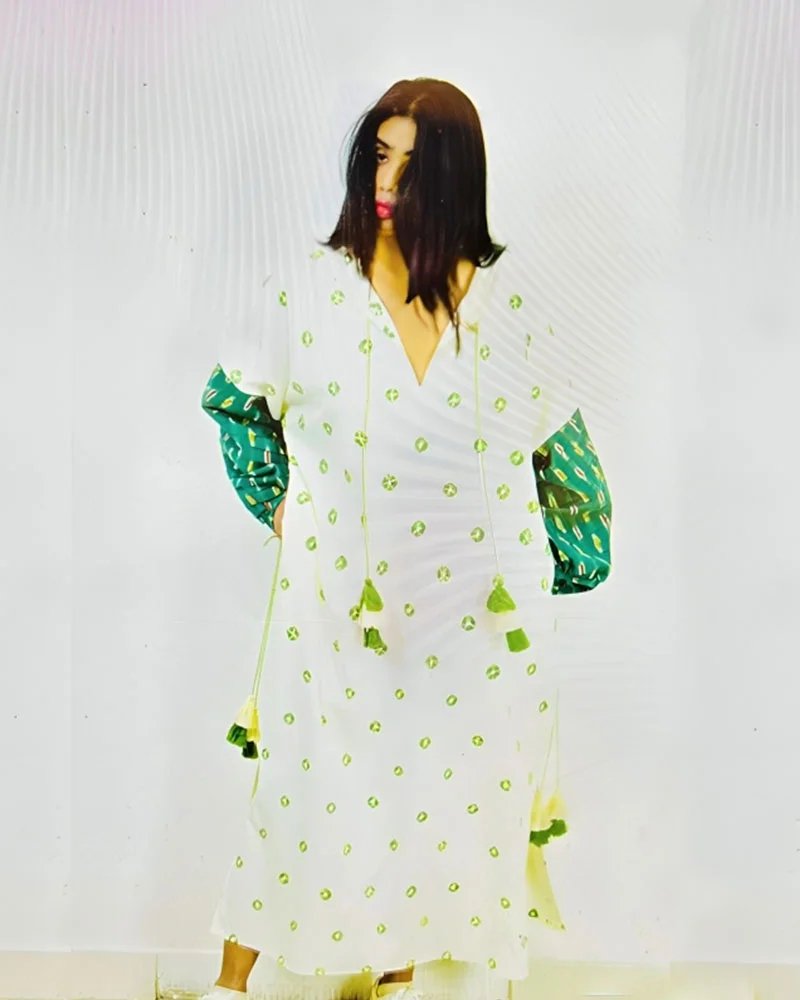 Organic Tie and Dye White & Green Kaftan - CiceroniKaftanSonica Sarna