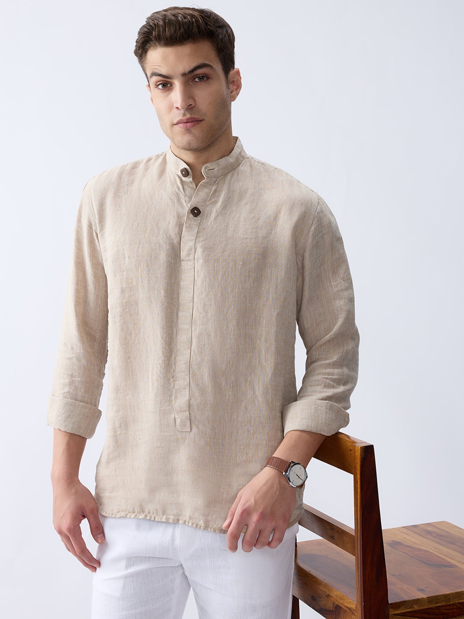 Origin Beige Short Kurta 100% Pure Linen - CiceroniKurta, Everyday Wearbhrāta