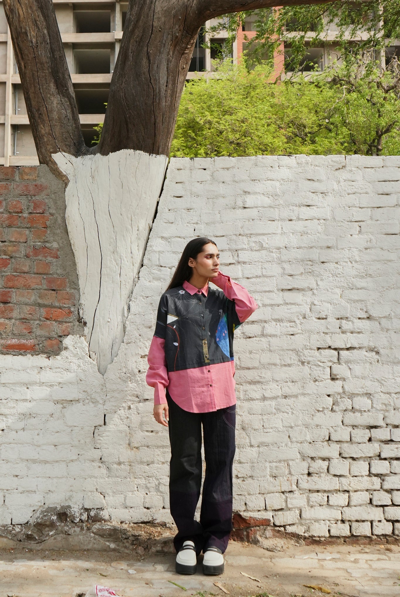 Overlay Shirt In Chetti Black With Clay Pink Colour block - CiceroniWomen ShirtsNIKYTA