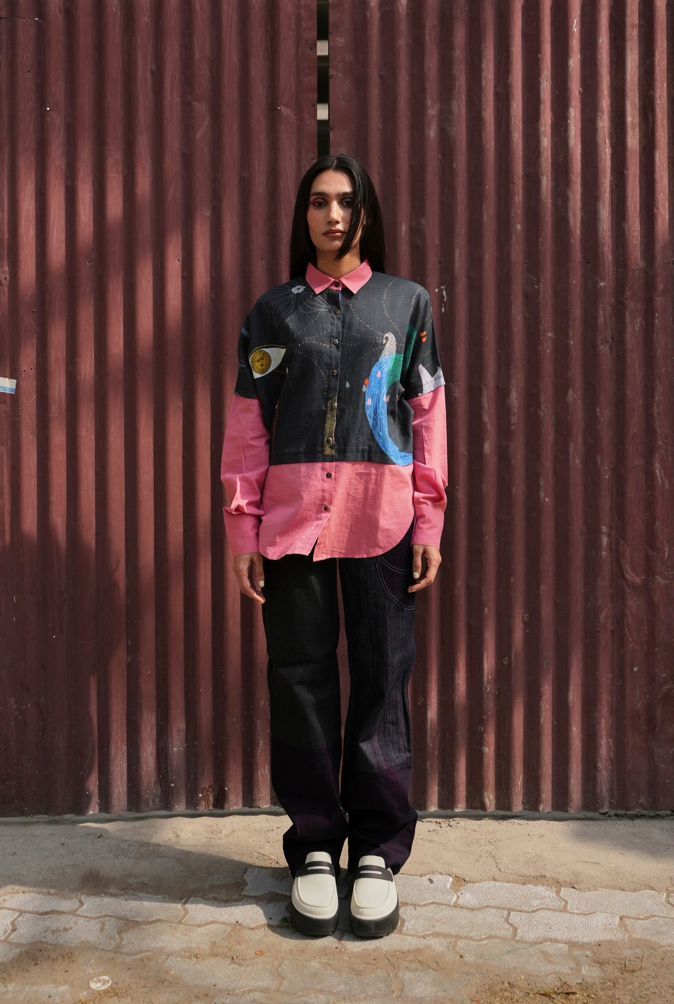 Overlay Shirt In Chetti Black With Clay Pink Colour block - CiceroniWomen ShirtsNIKYTA