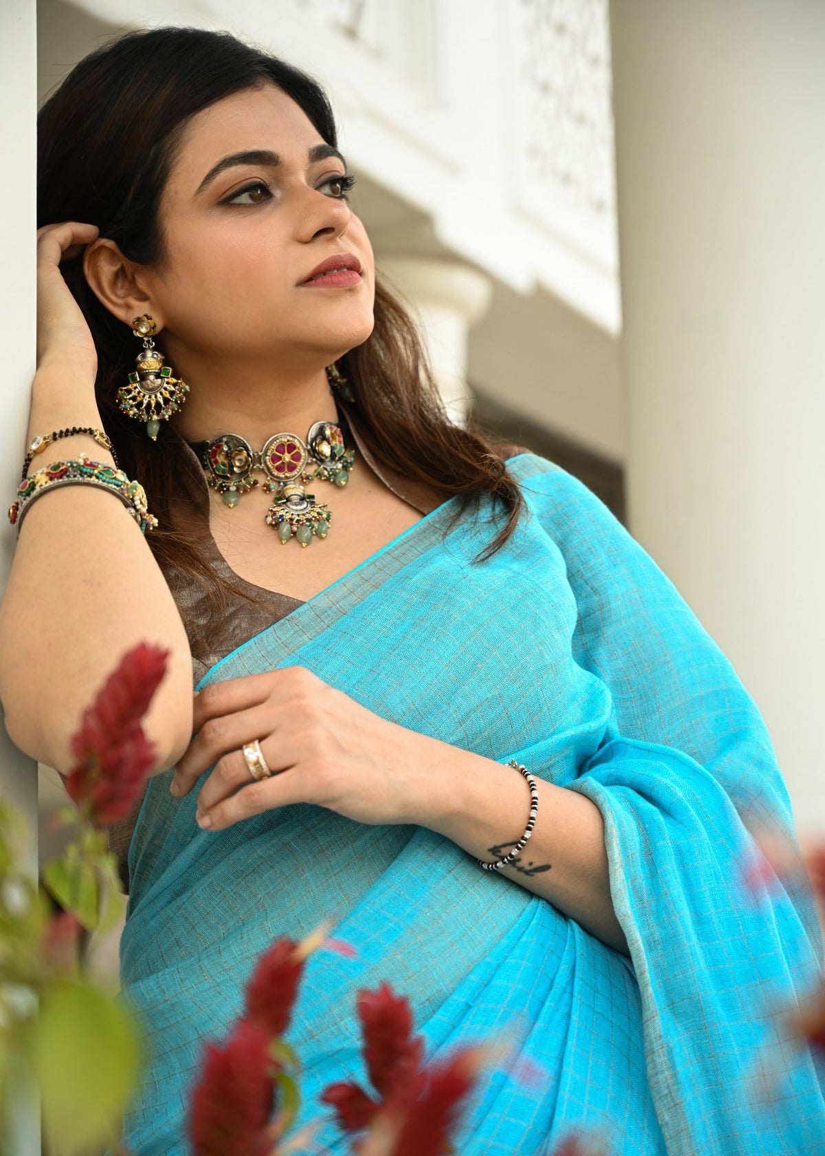 Pallu — Nitya - Handwoven Checkered Linen Saree, Silver Zari - CiceroniSareePallu