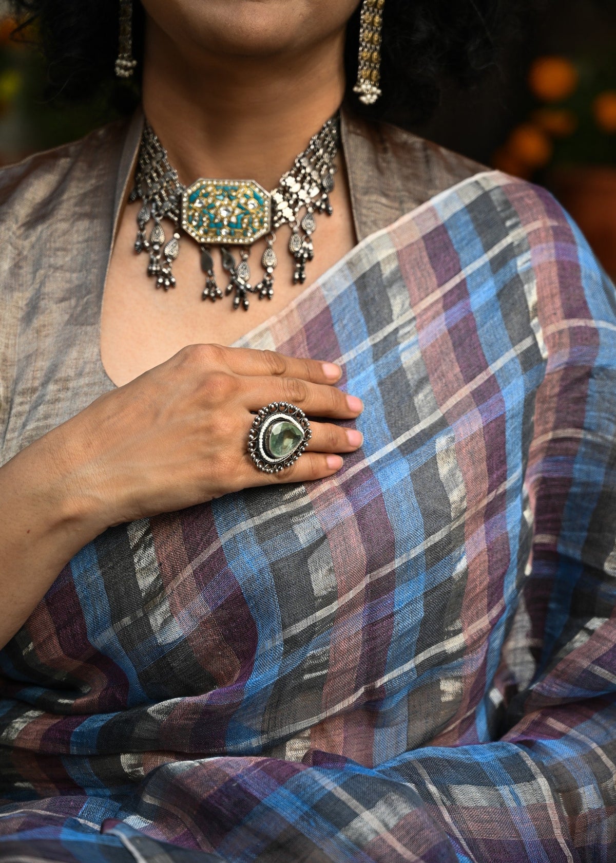 Pallu — Petunia Tartan Check Handwoven Linen Saree - CiceroniSareePallu