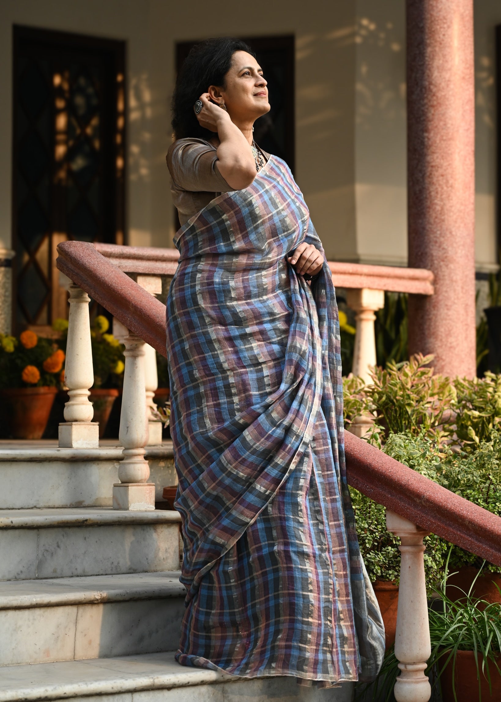 Pallu — Petunia Tartan Check Handwoven Linen Saree - CiceroniSareePallu