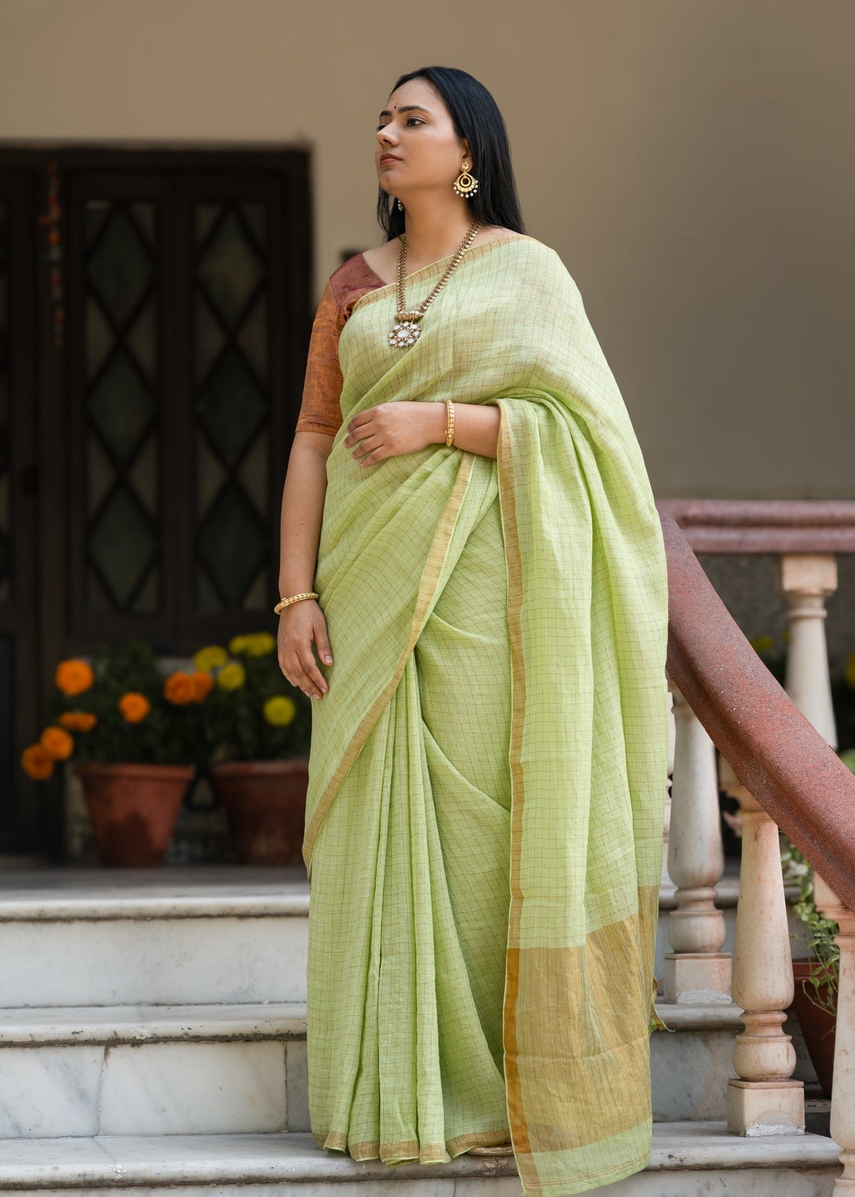 Pallu — Pista Handwoven Chekered Linen Saree - CiceroniSareePallu