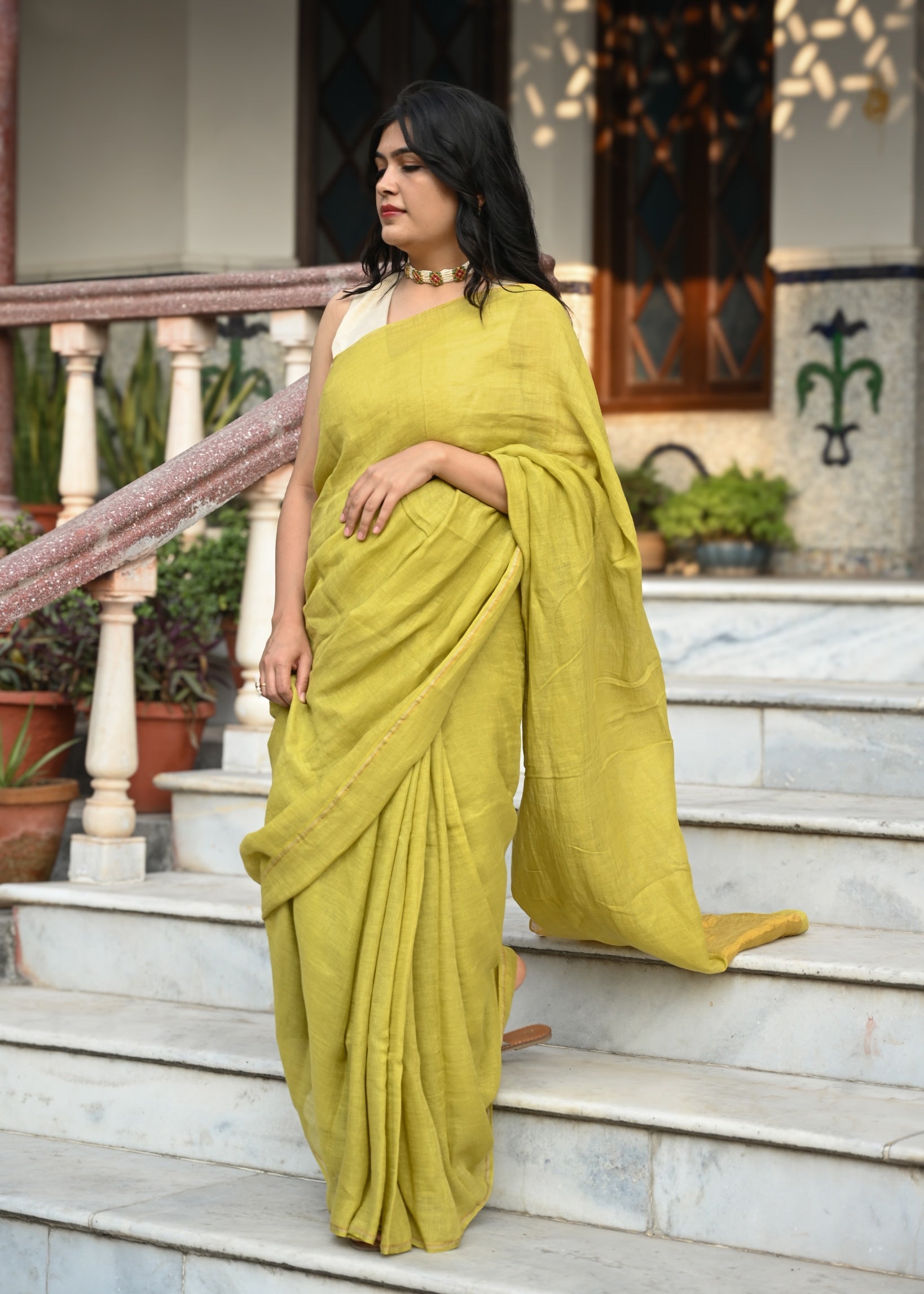 Pallu — Pista - Solid Handwoven Linen Saree - CiceroniSareePallu