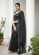 Pallu — Rajni- Handwoven Chekered Linen Saree Silver Zari - CiceroniSareePallu