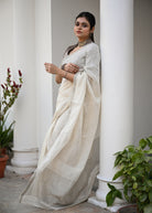Pallu — Shwet - Handwoven Chekered Linen Saree Silver Zari - CiceroniSareePallu