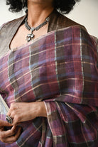 Pallu — Violet Tartan Check Handwoven Linen Saree - CiceroniSareePallu