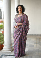 Pallu — Violet Tartan Check Handwoven Linen Saree - CiceroniSareePallu