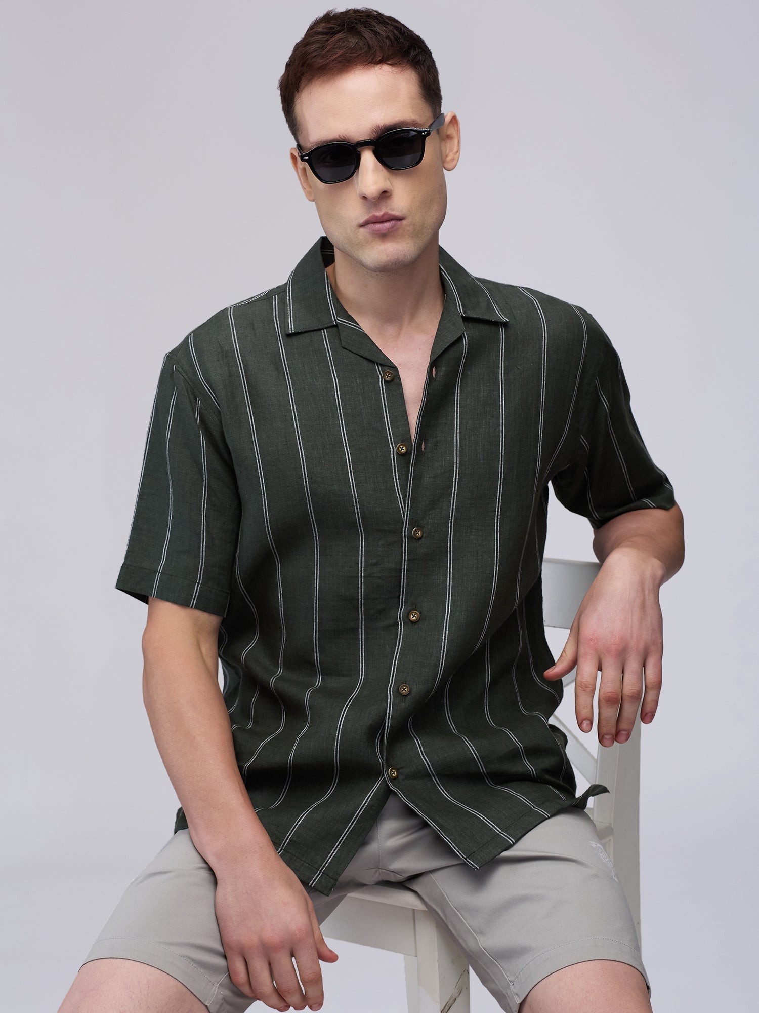 Palm Stripe 100% Linen Cuban Collar Shirt - CiceroniMen Shirtsbhrāta