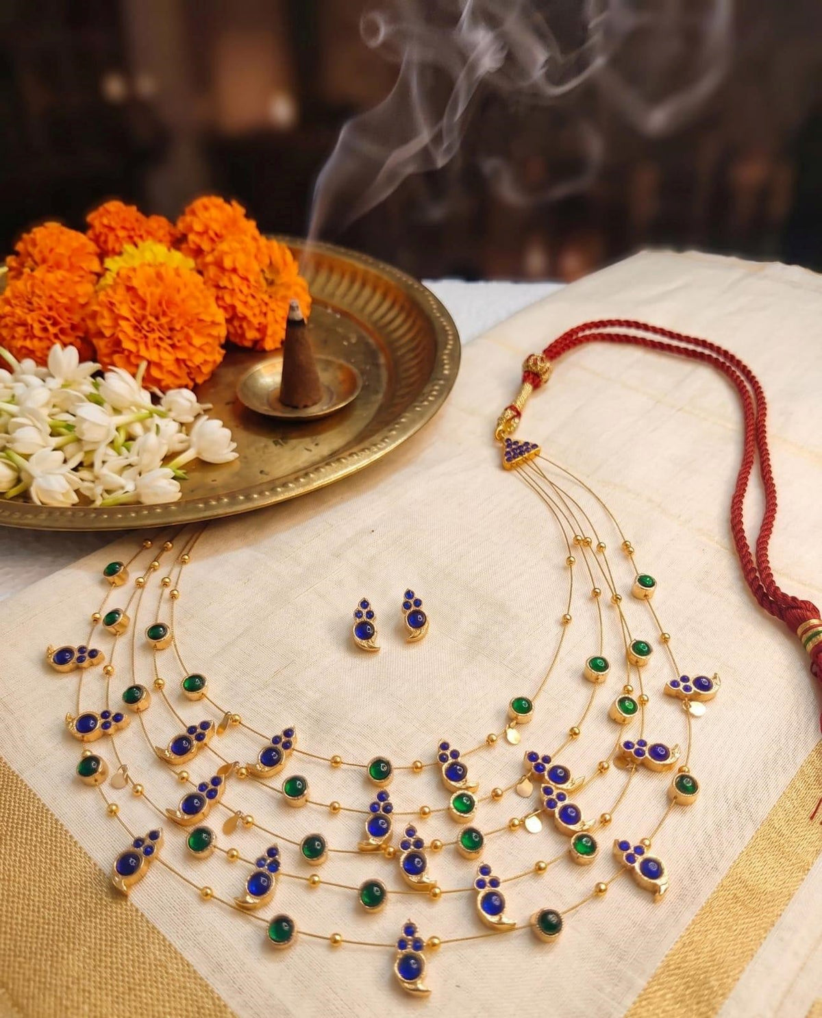 Panchmala-5 Layered Blue Kemp Maanga and Green Stone Necklace - CiceroniNecklace SetAarika