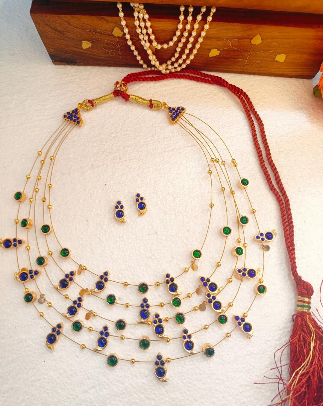 Panchmala-5 Layered Blue Kemp Maanga and Green Stone Necklace - CiceroniNecklace SetAarika