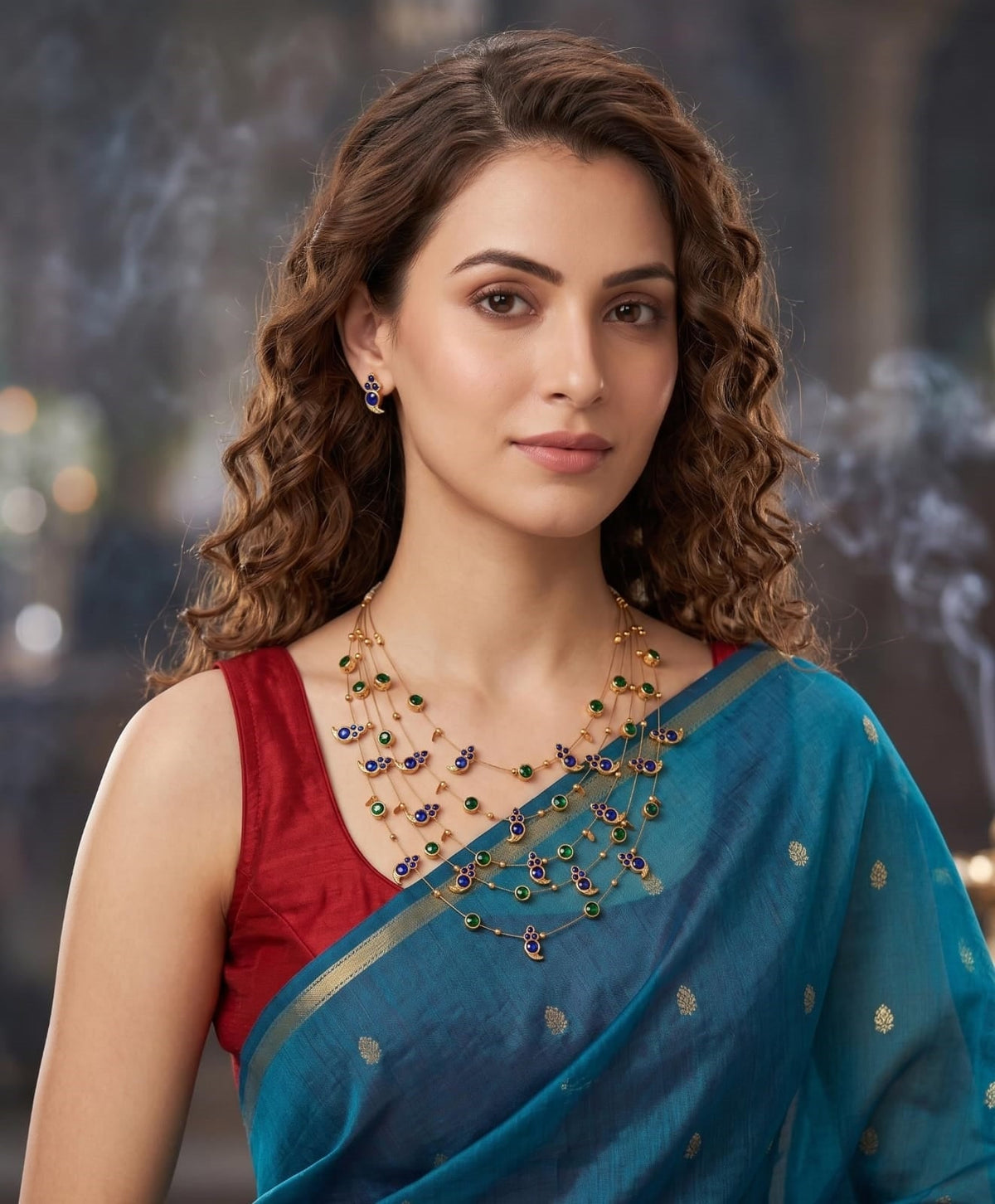 Panchmala-5 Layered Blue Kemp Maanga and Green Stone Necklace - CiceroniNecklace SetAarika