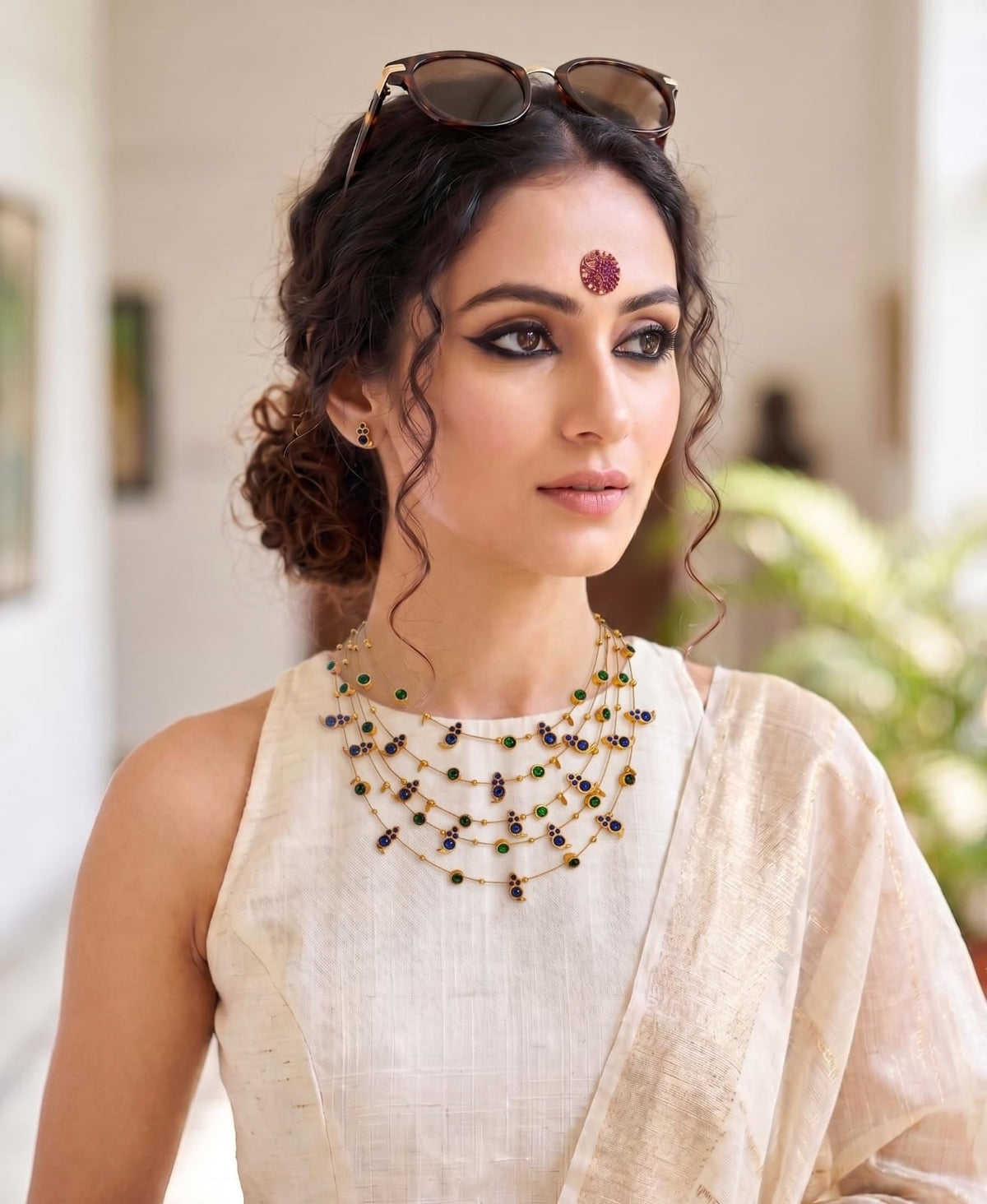 Panchmala-5 Layered Blue Kemp Maanga and Green Stone Necklace - CiceroniNecklace SetAarika