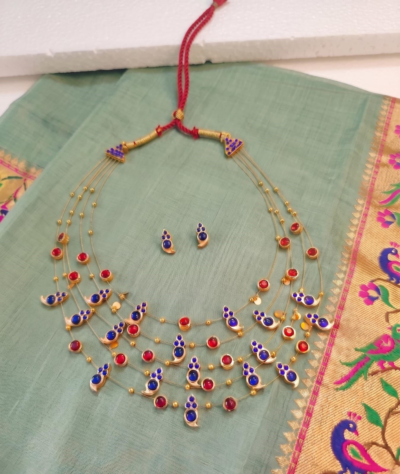 Panchmala-5 Layered Blue Kemp Maanga and Red Stone Necklace - CiceroniNecklace SetAarika