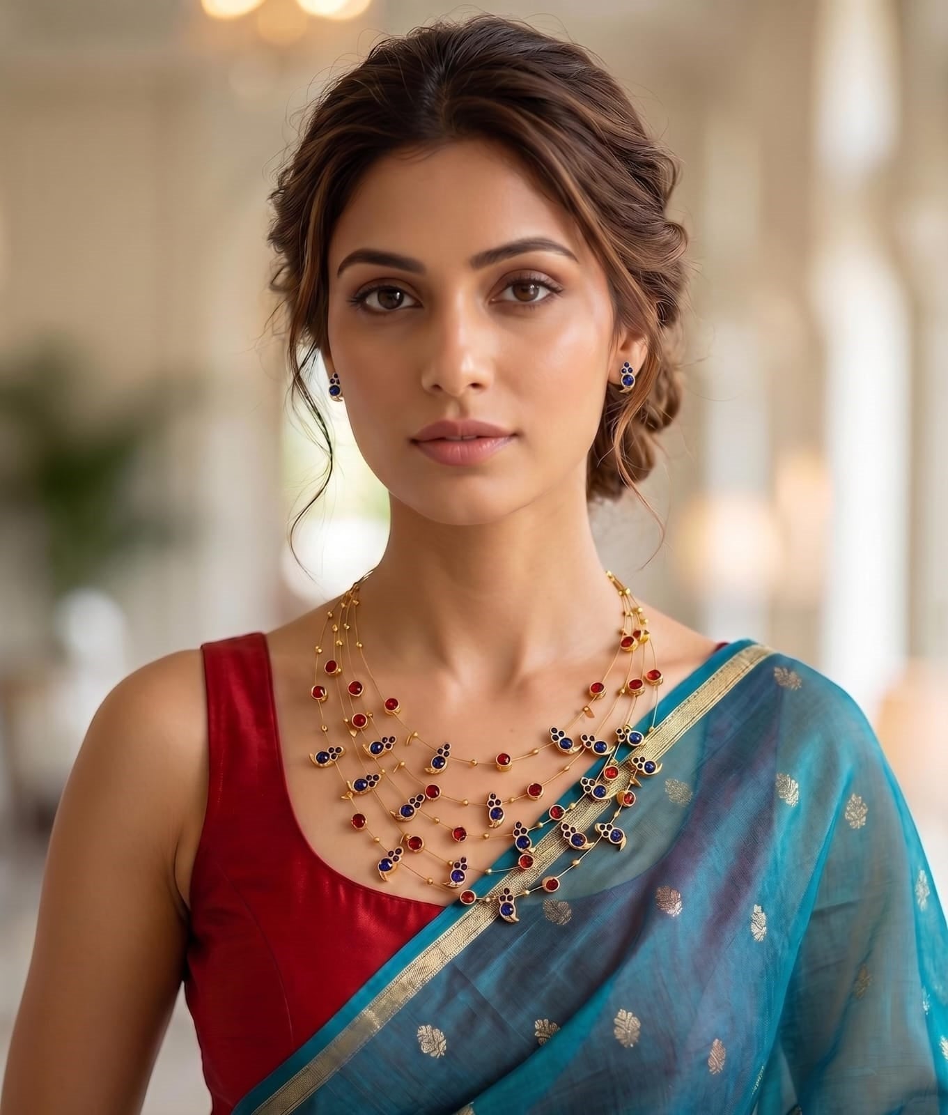 Panchmala-5 Layered Blue Kemp Maanga and Red Stone Necklace - CiceroniNecklace SetAarika