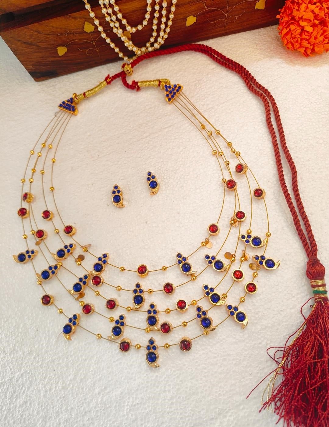 Panchmala-5 Layered Blue Kemp Maanga and Red Stone Necklace - CiceroniNecklace SetAarika