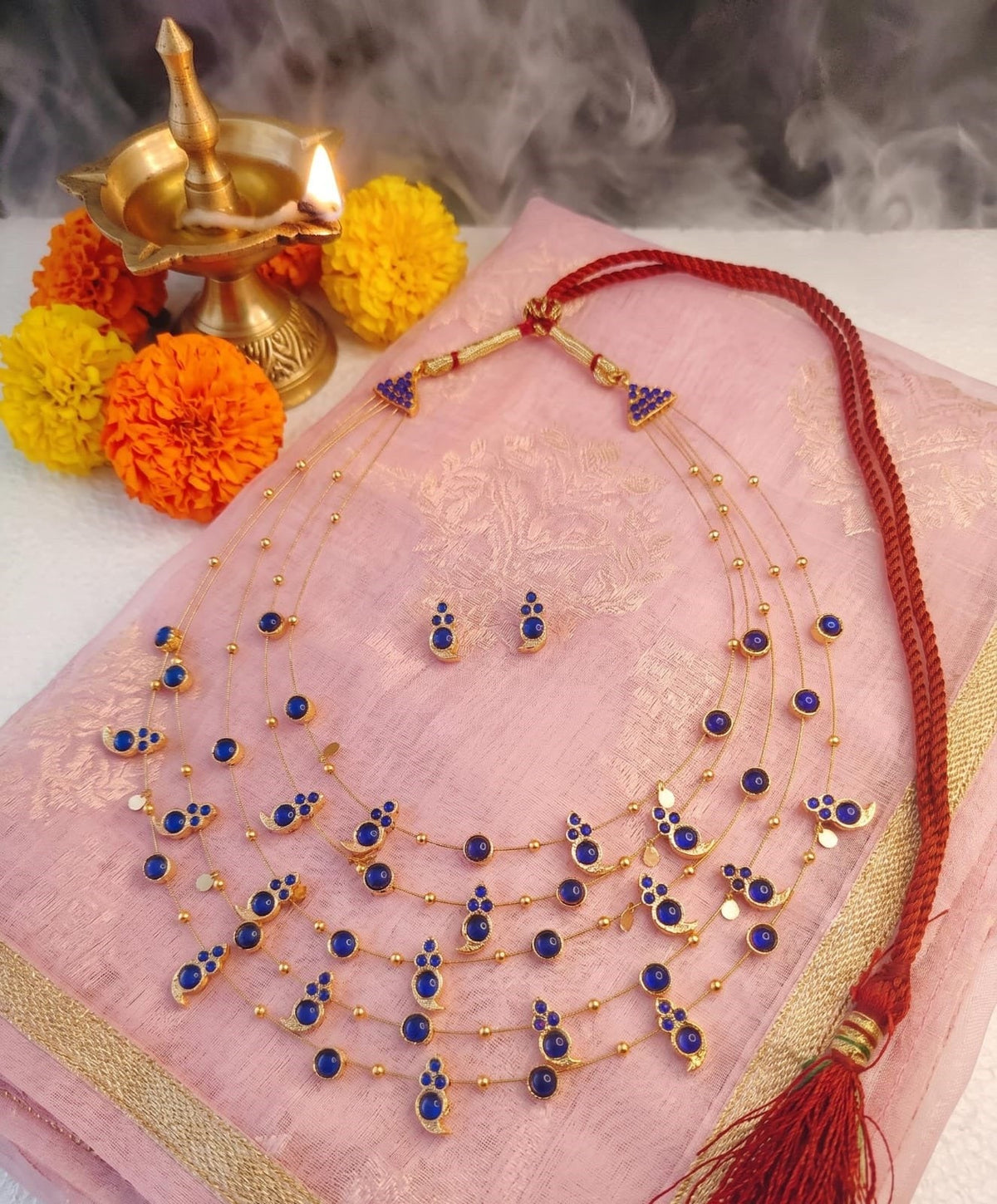 Panchmala-5 Layered Blue Kemp Maanga Necklace - CiceroniNecklace SetAarika