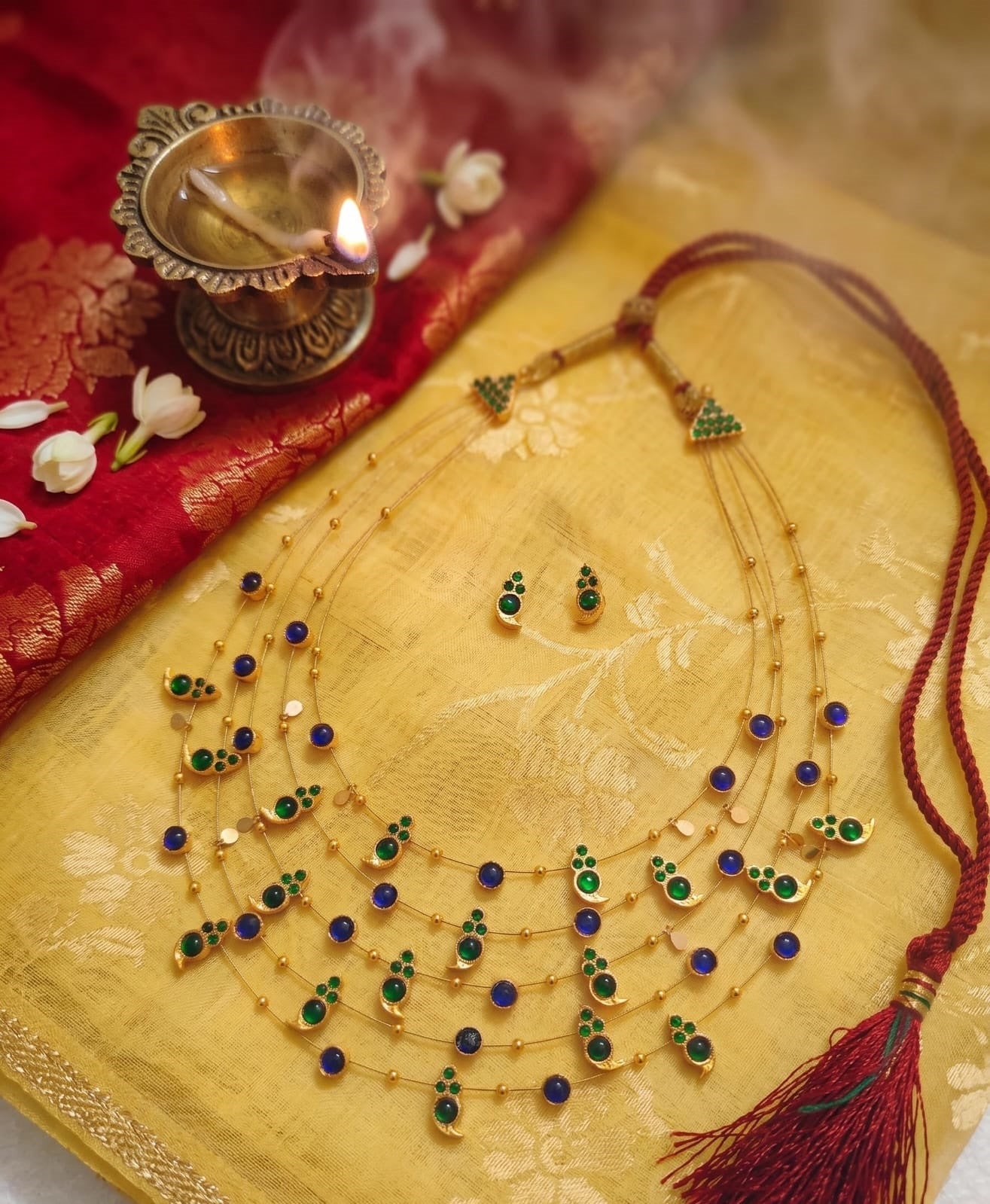 Panchmala-5 Layered Green Kemp Maanga and Blue Stone Necklace - CiceroniNecklace SetAarika