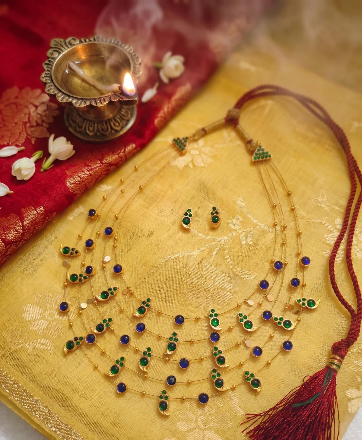 Panchmala-5 Layered Green Kemp Maanga and Blue Stone Necklace - CiceroniNecklace SetAarika