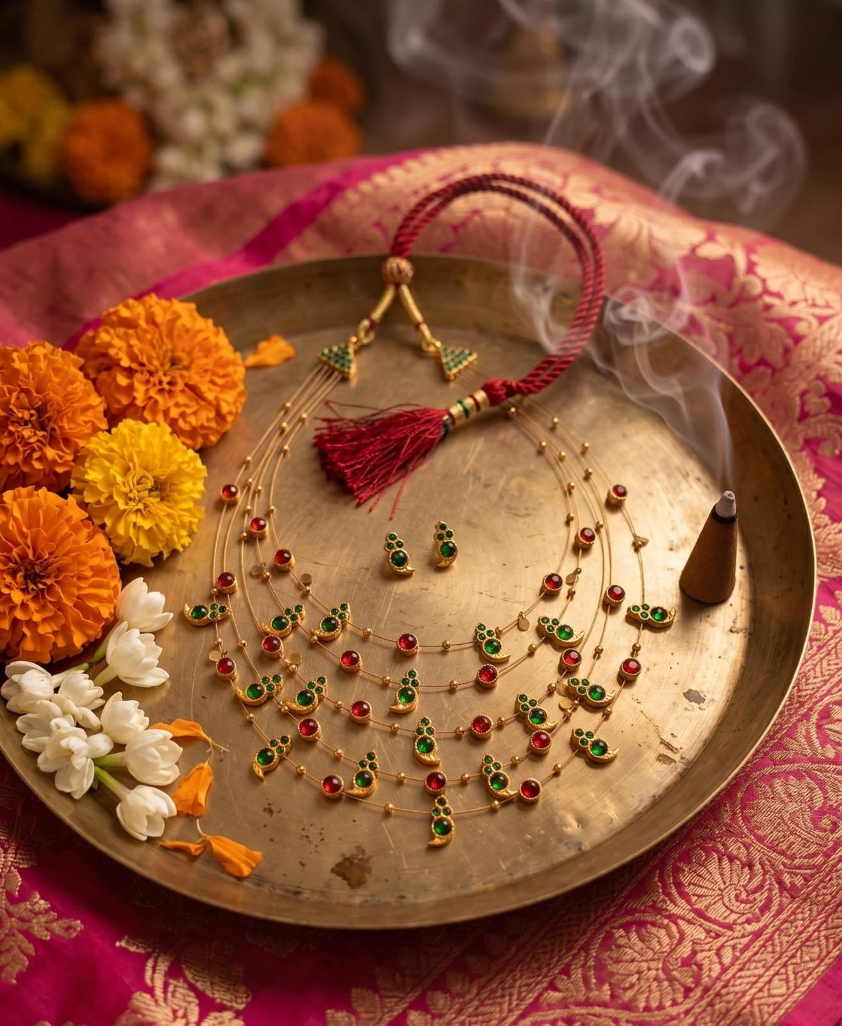 Panchmala-5 Layered Green Kemp Maanga and Red Stone Necklace - CiceroniNecklace SetAarika