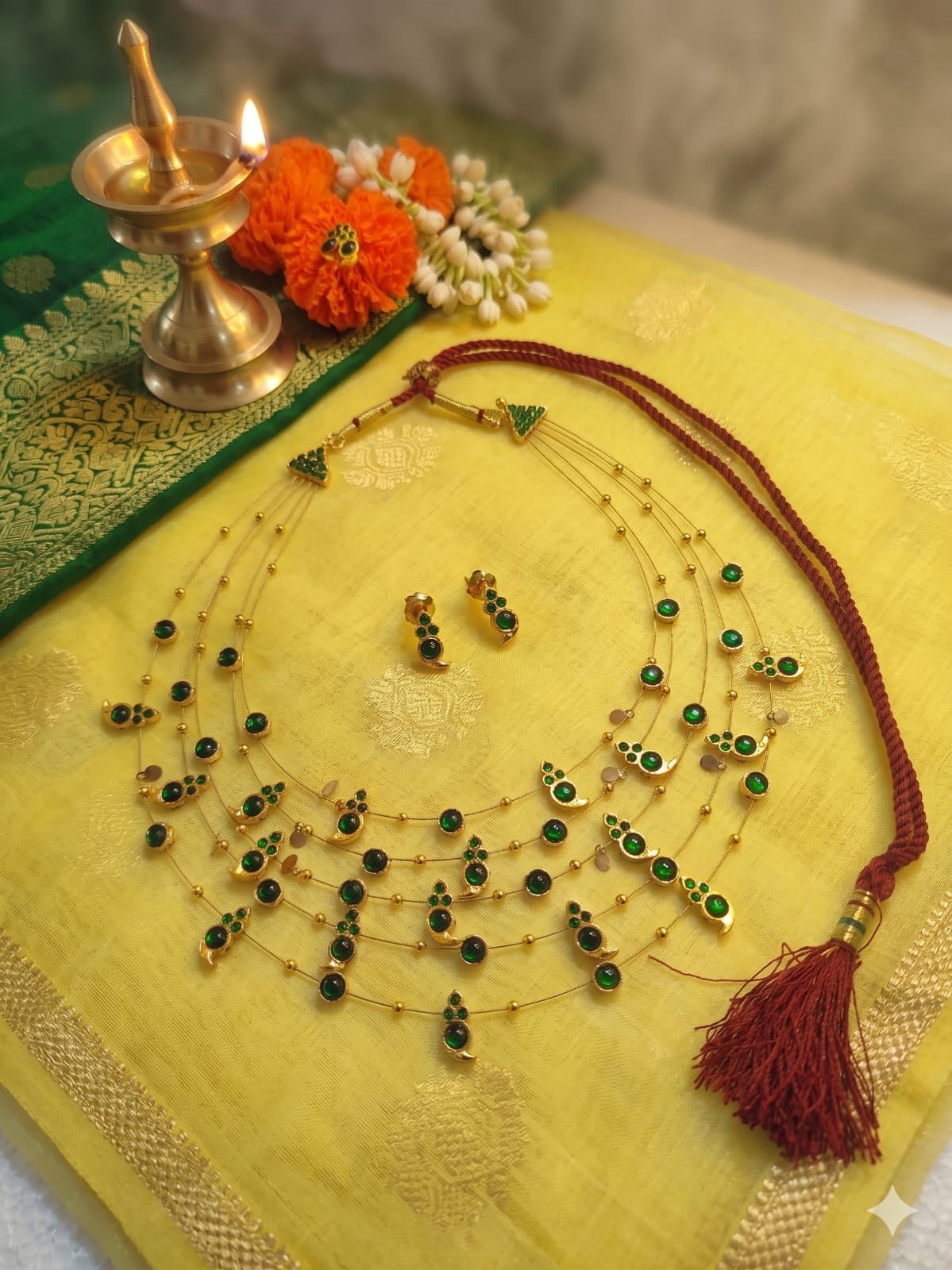 Panchmala-5 Layered Green Kemp Maanga Necklace - CiceroniNecklace SetAarika