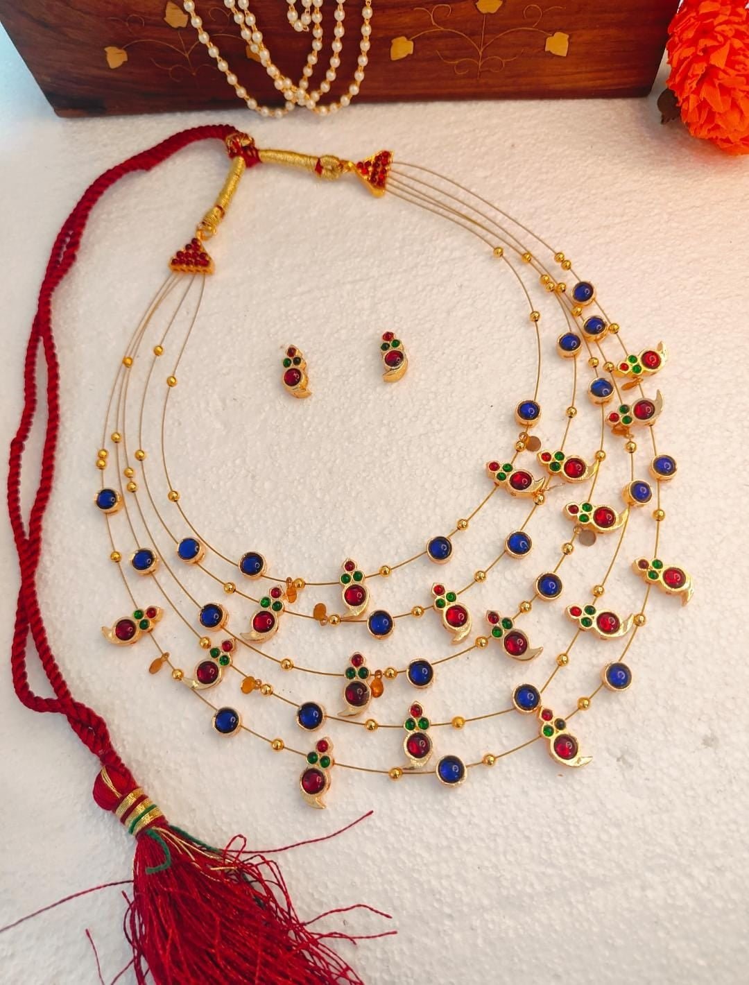 Panchmala-5 Layered Red Kemp Maanga and Blue Stone Necklace - CiceroniNecklace SetAarika