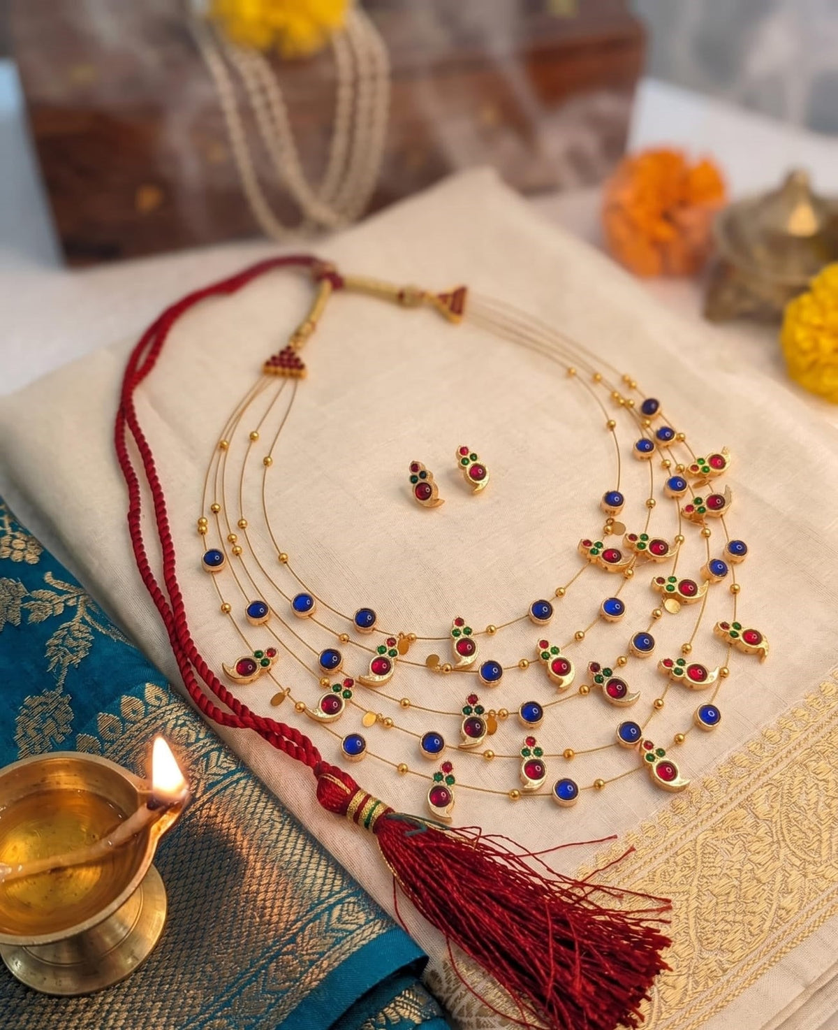 Panchmala-5 Layered Red Kemp Maanga and Blue Stone Necklace - CiceroniNecklace SetAarika
